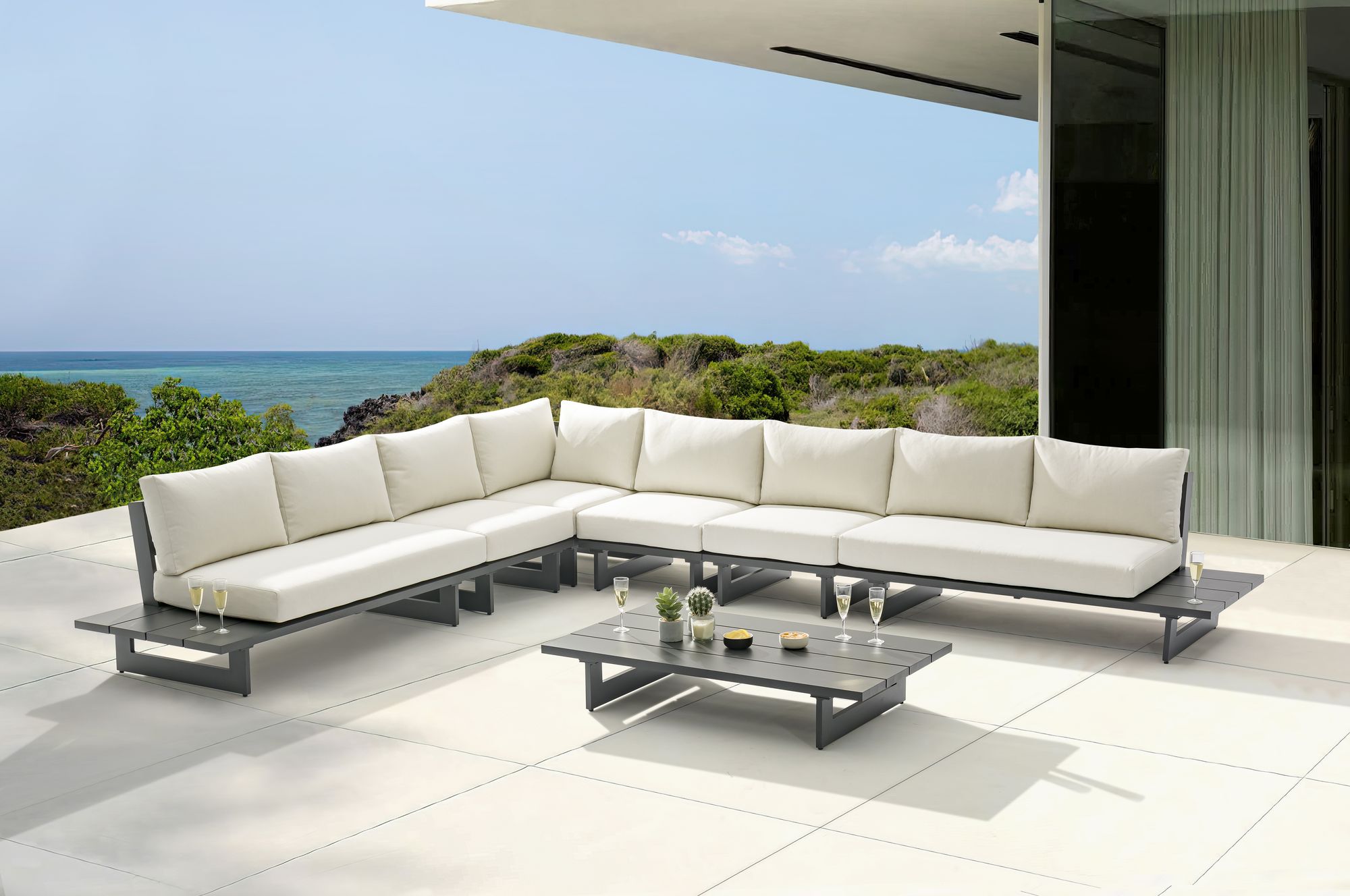 Maldives 129.5" x 157" 6-Piece Outdoor Patio Waterproof Fabric Modular Sectional with Dark Grey Aluminum Frame
