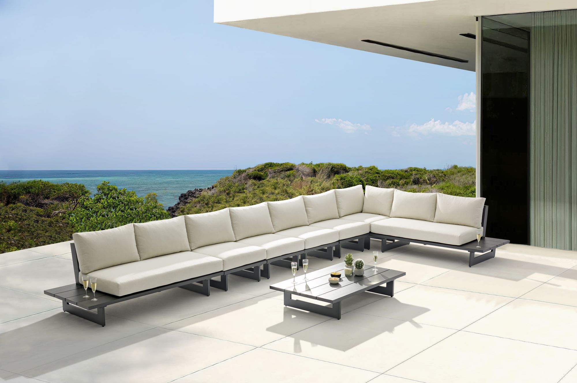 Maldives 212" x 102" 7-Piece Outdoor Patio Waterproof Fabric Modular Sectional with Dark Grey Aluminum Frame, Composition 1