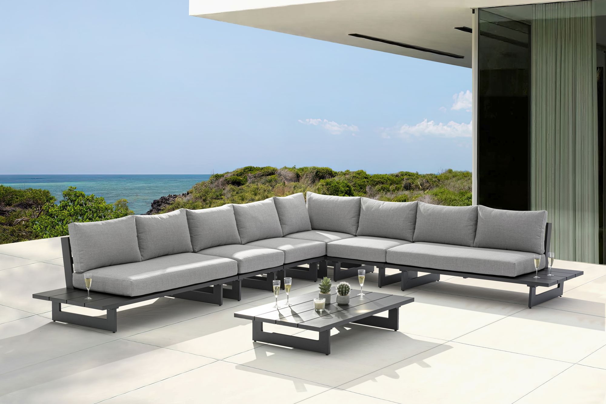 Maldives 157" x 129.5" 6-Piece Outdoor Patio Waterproof Fabric Modular Sectional with Aluminum Frame
