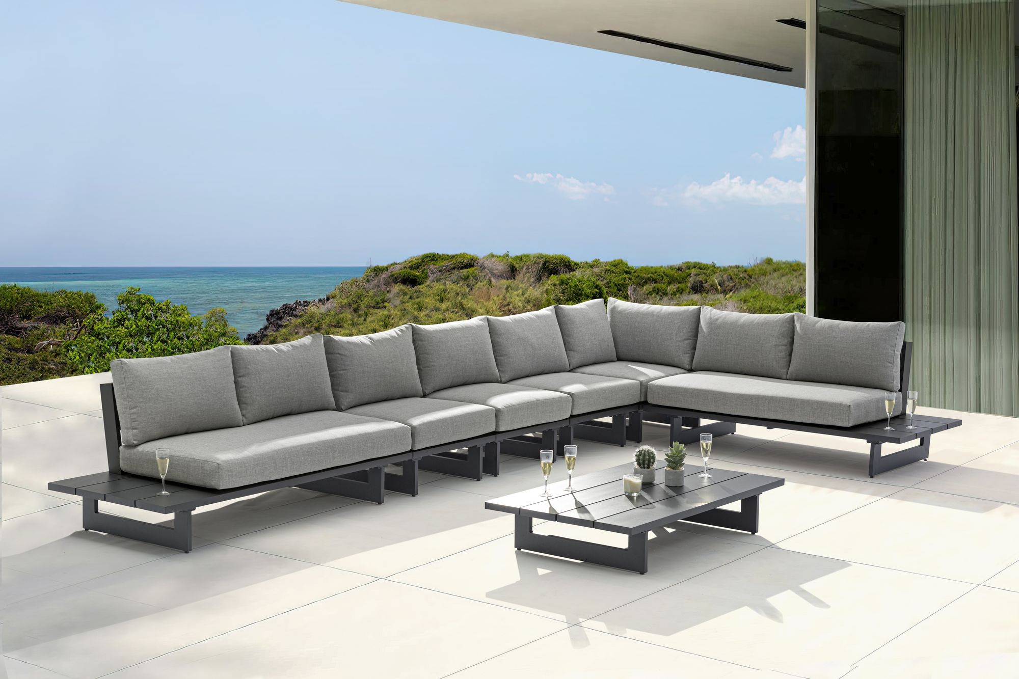 Maldives 102" x 184.5" 6-Piece Outdoor Patio Waterproof Fabric Modular Sectional with Aluminum Frame