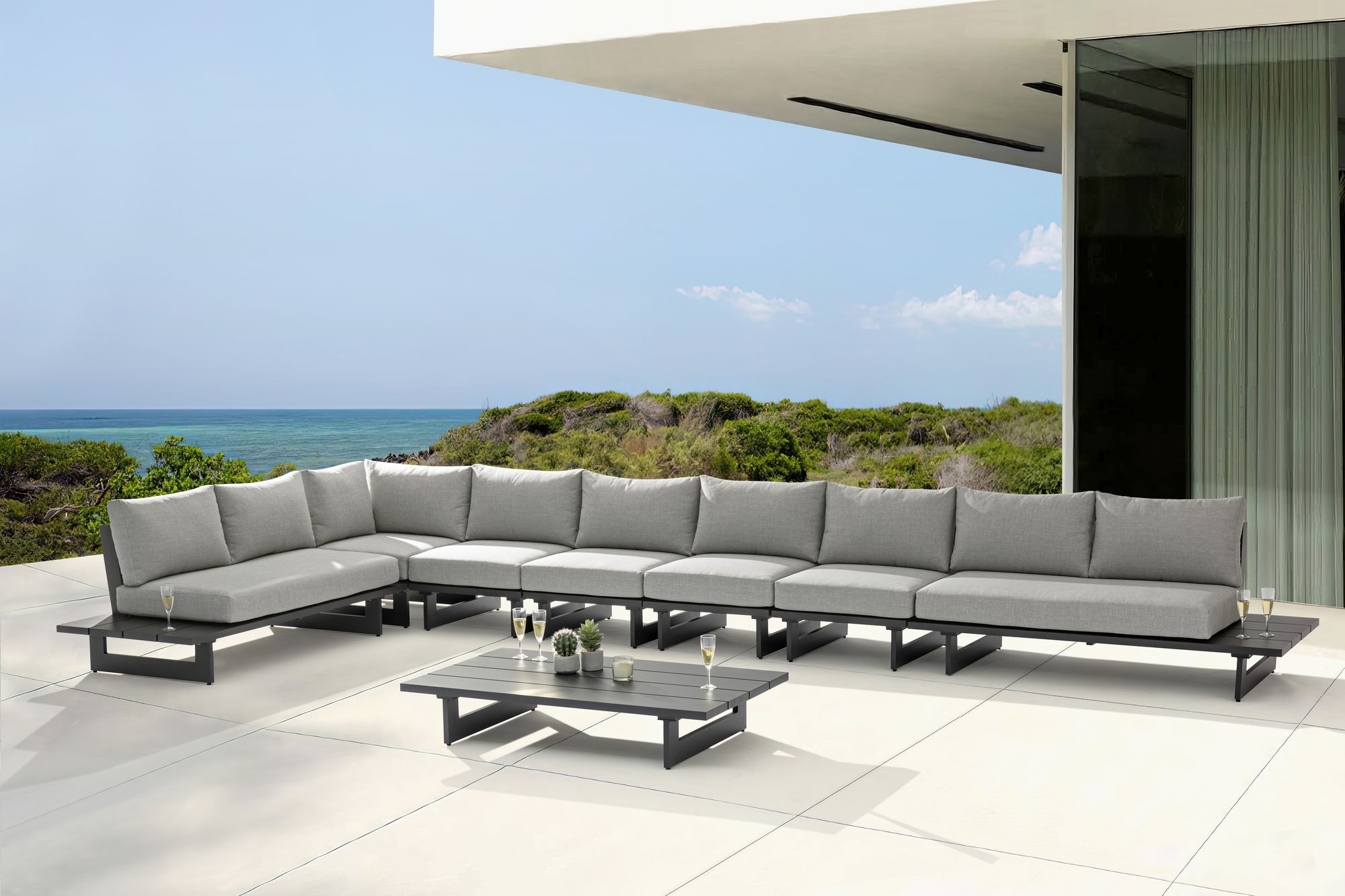Maldives 212" x 102" 7-Piece Outdoor Patio Waterproof Fabric Modular Sectional with Dark Grey Aluminum Frame, Composition 2