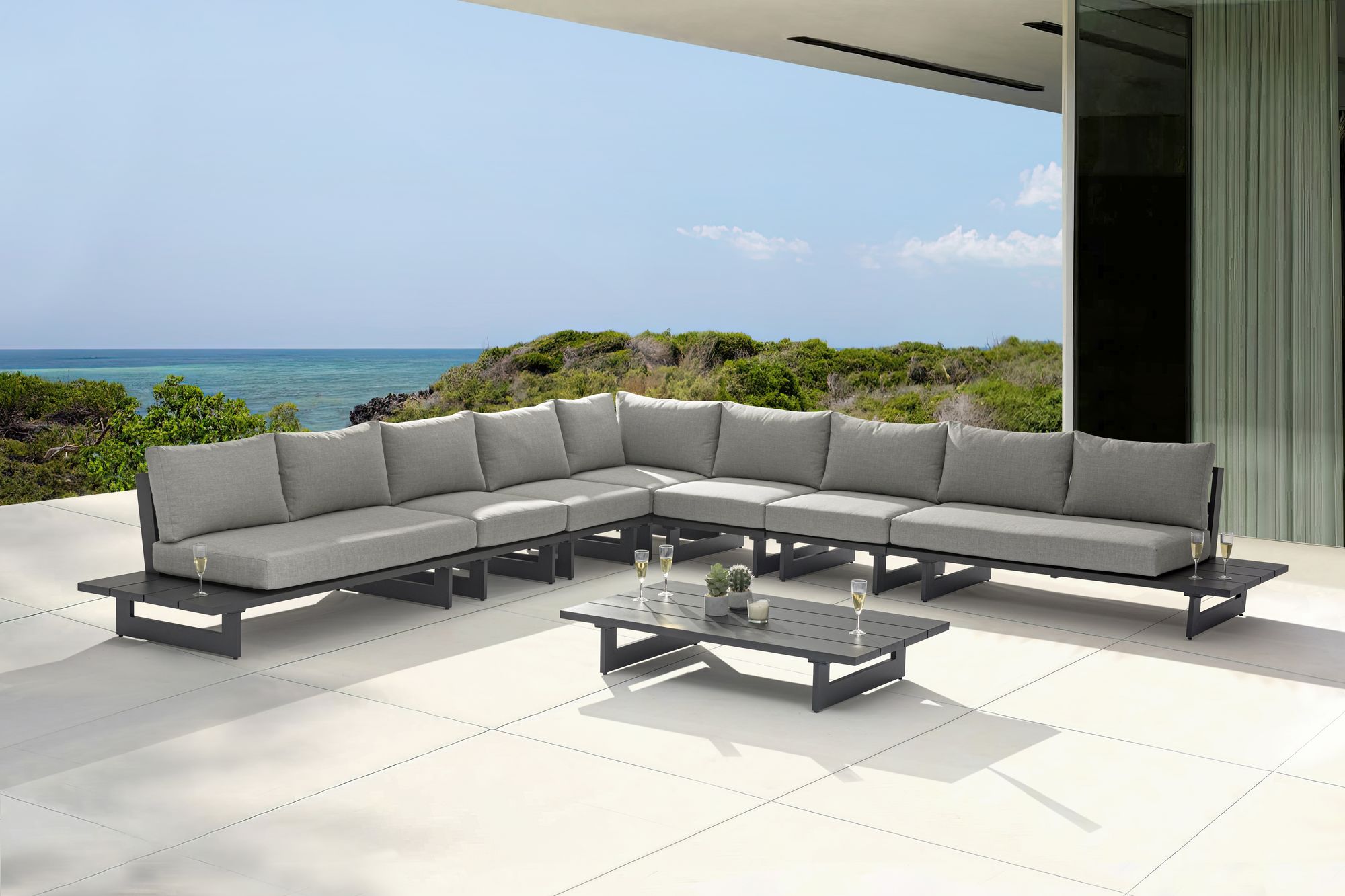 Maldives 157" 7-Piece Outdoor Patio Waterproof Fabric Modular Sectional with Dark Grey Aluminum Frame