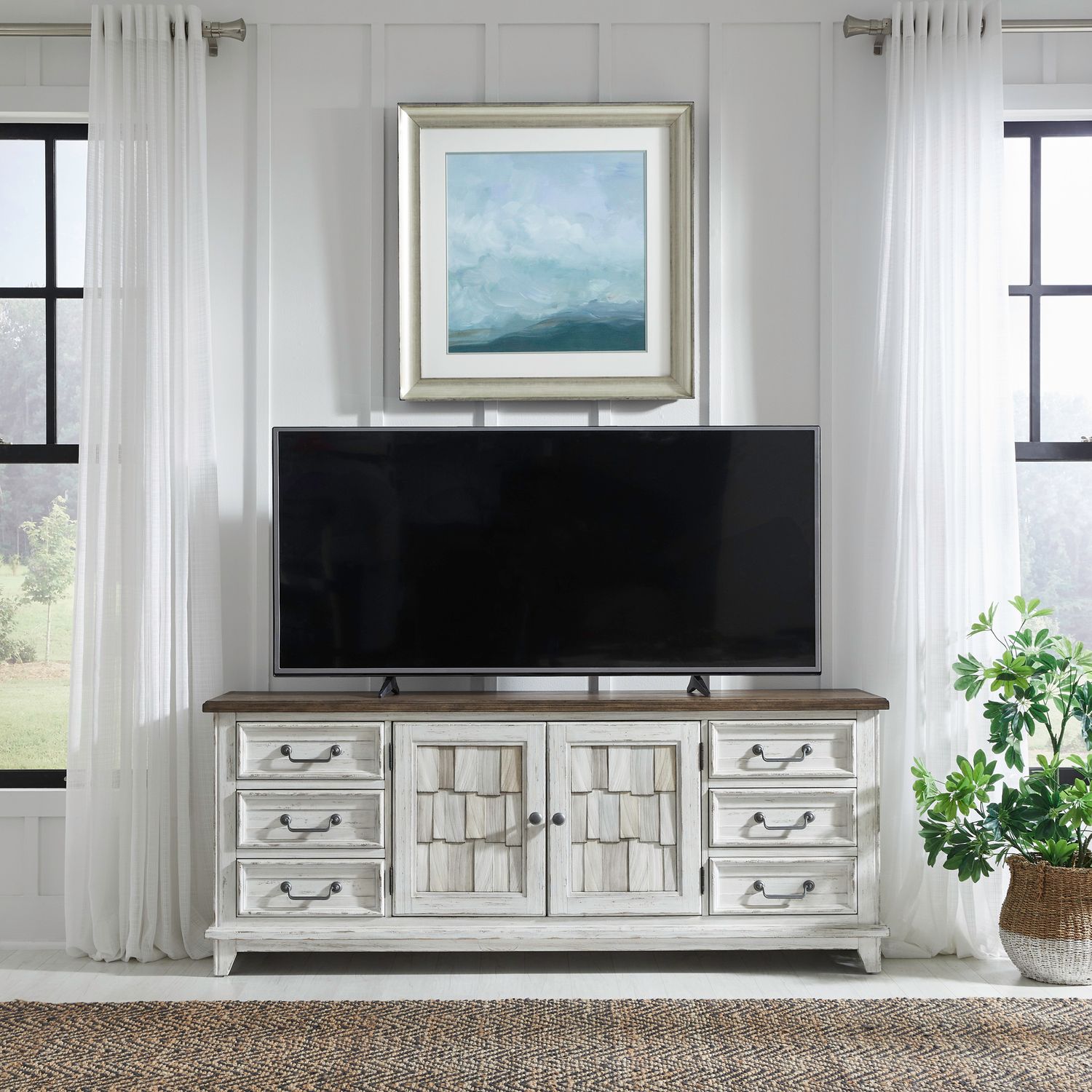 River Place Wood 75-Inch Entertainment Console w/6 Drawers & 2 Doors