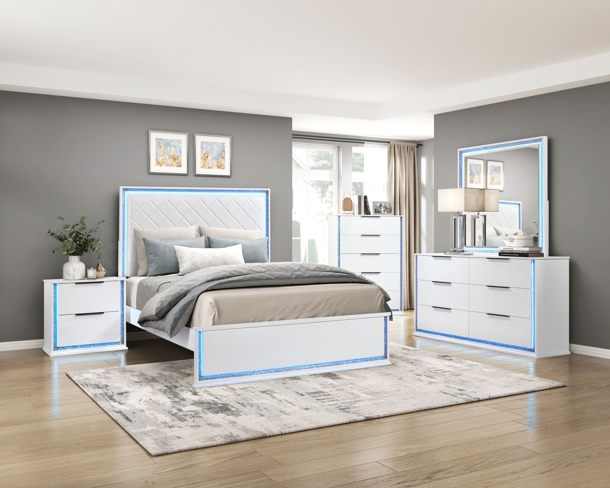 Lumin Faux Leather/Wood Panel Bedroom Set with LED Lighting