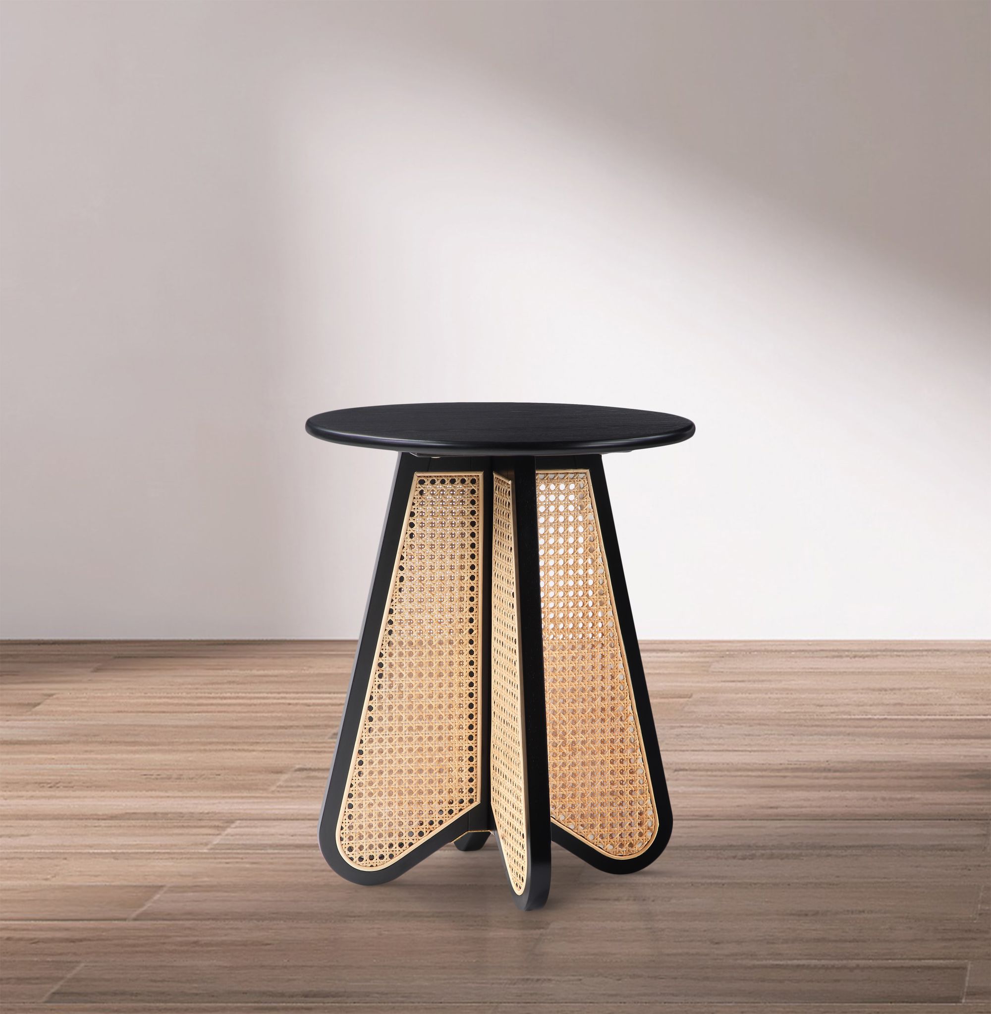 Butterfly 20" Round Wood Veneer End Table with Natural Cane Base