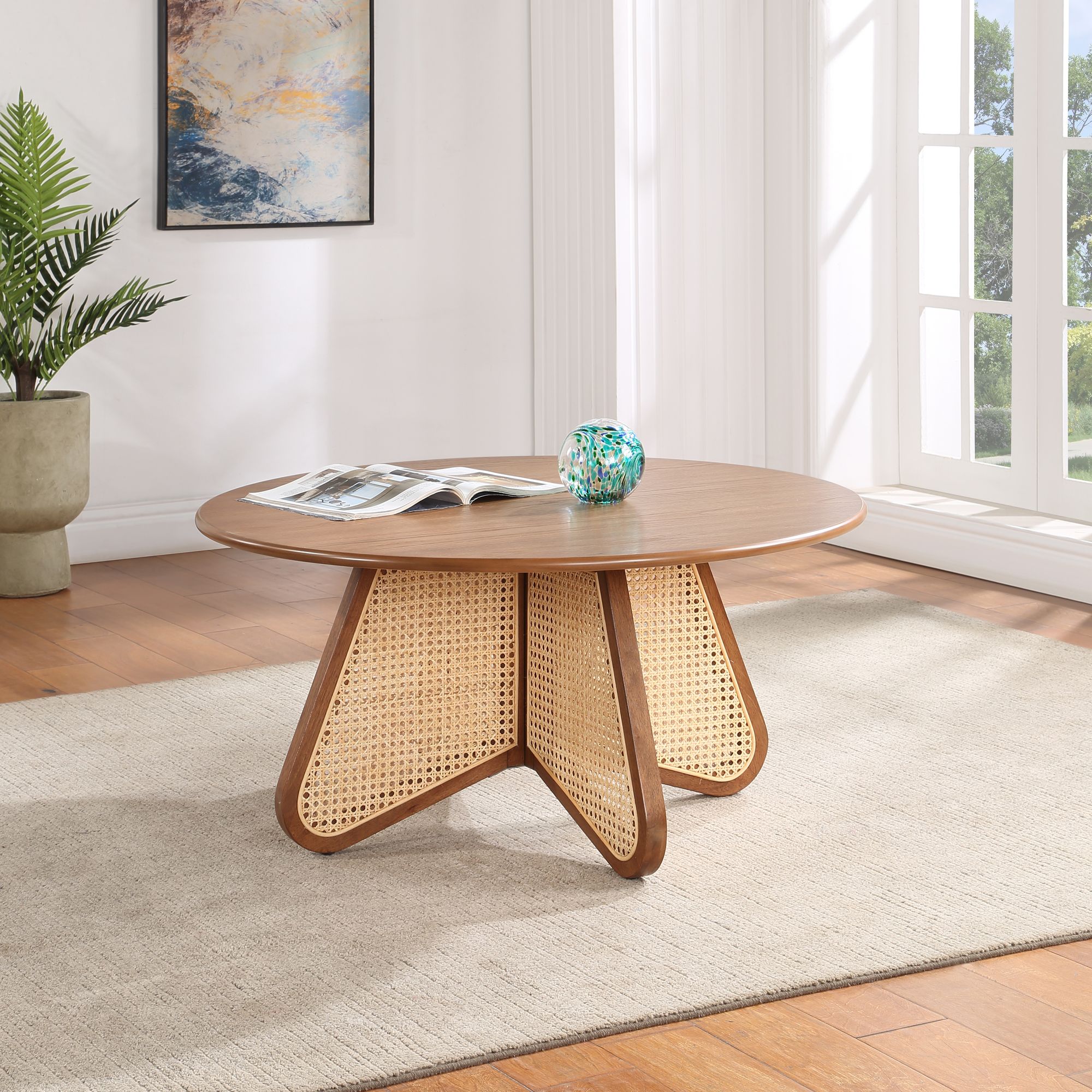 Butterfly 38" Wood Veneer Coffee Table with Natural Cane