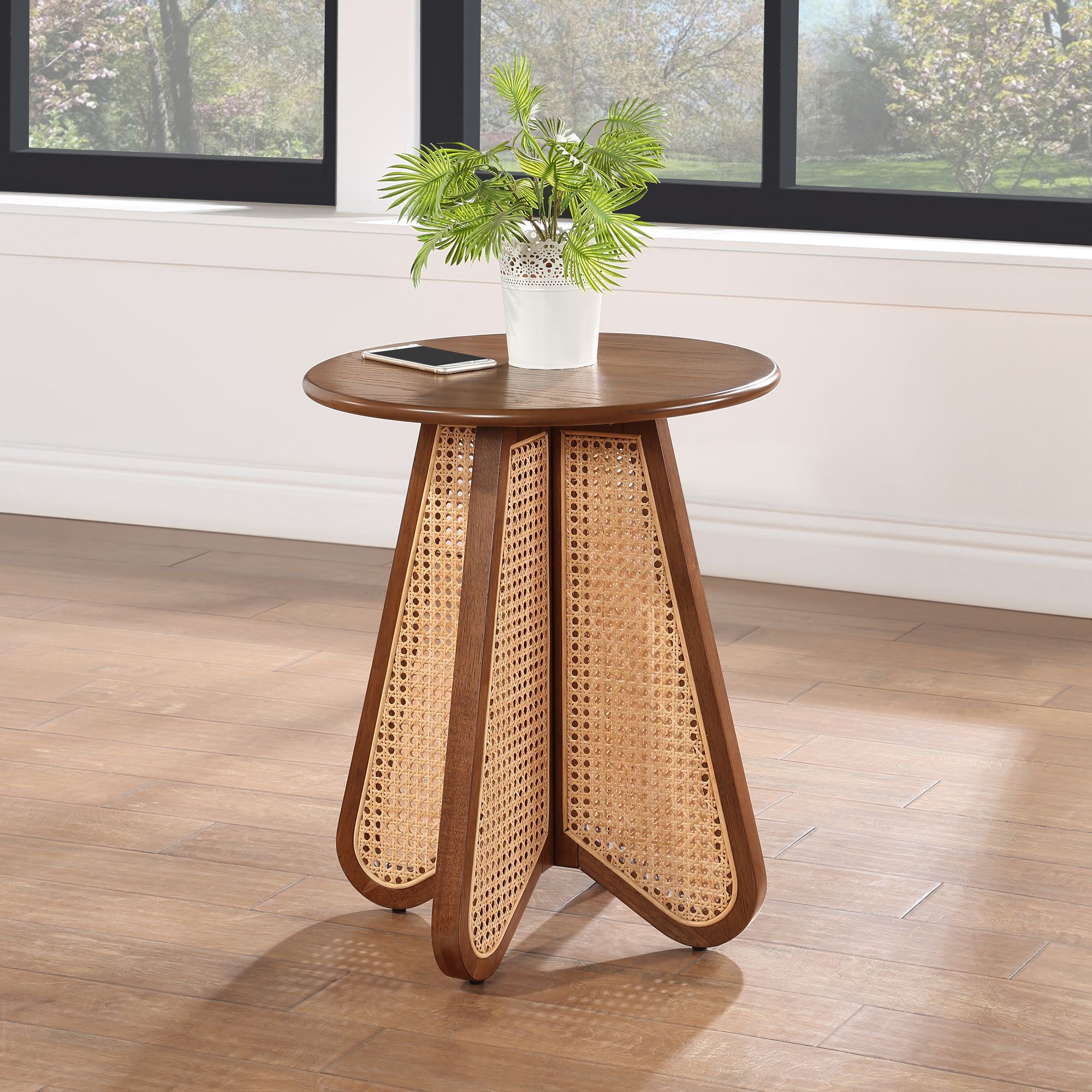 Butterfly 20" Round Wood Veneer End Table with Natural Cane Base