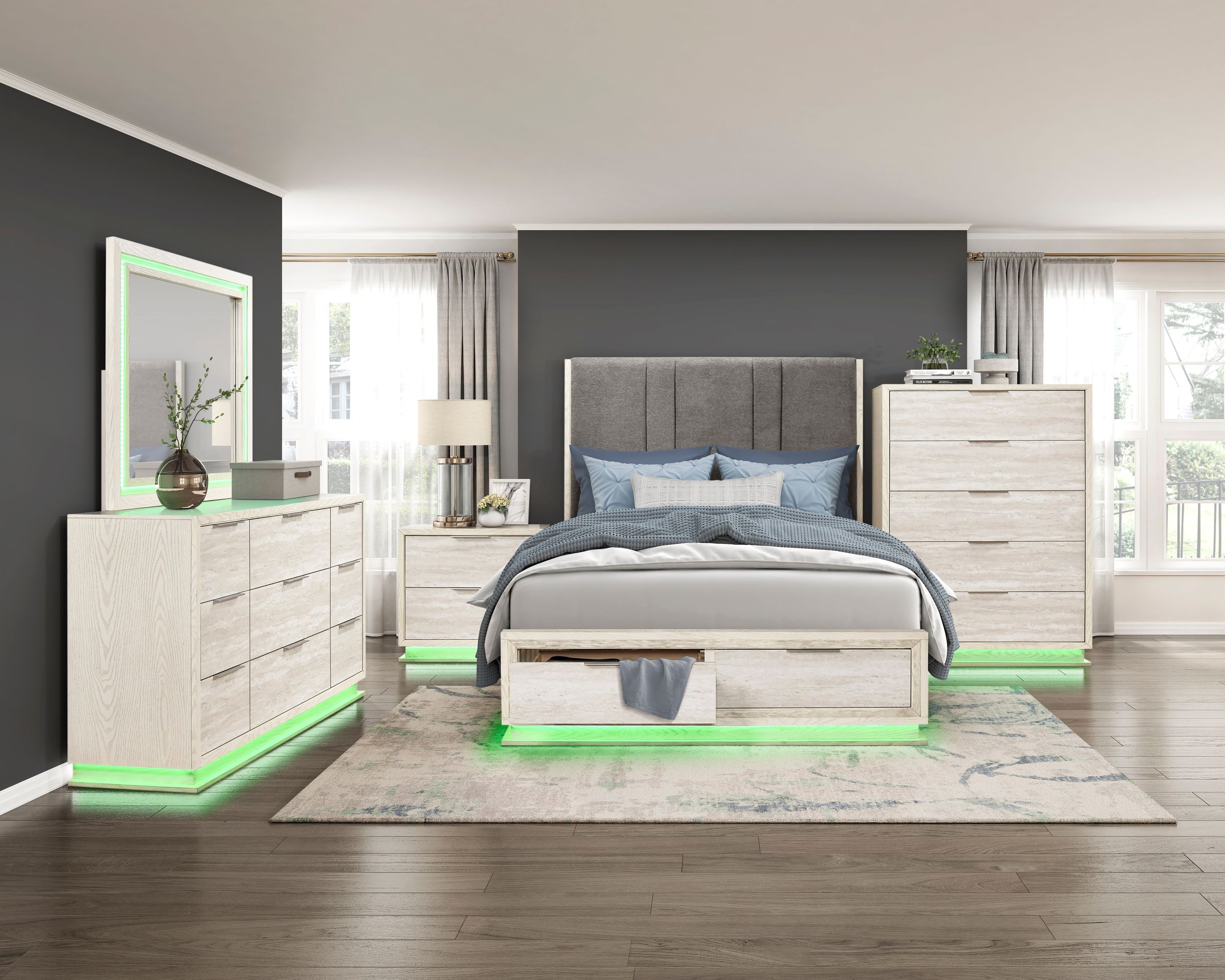 Noctis Upholstered Storage Platform Bedroom Set with LED Lighting