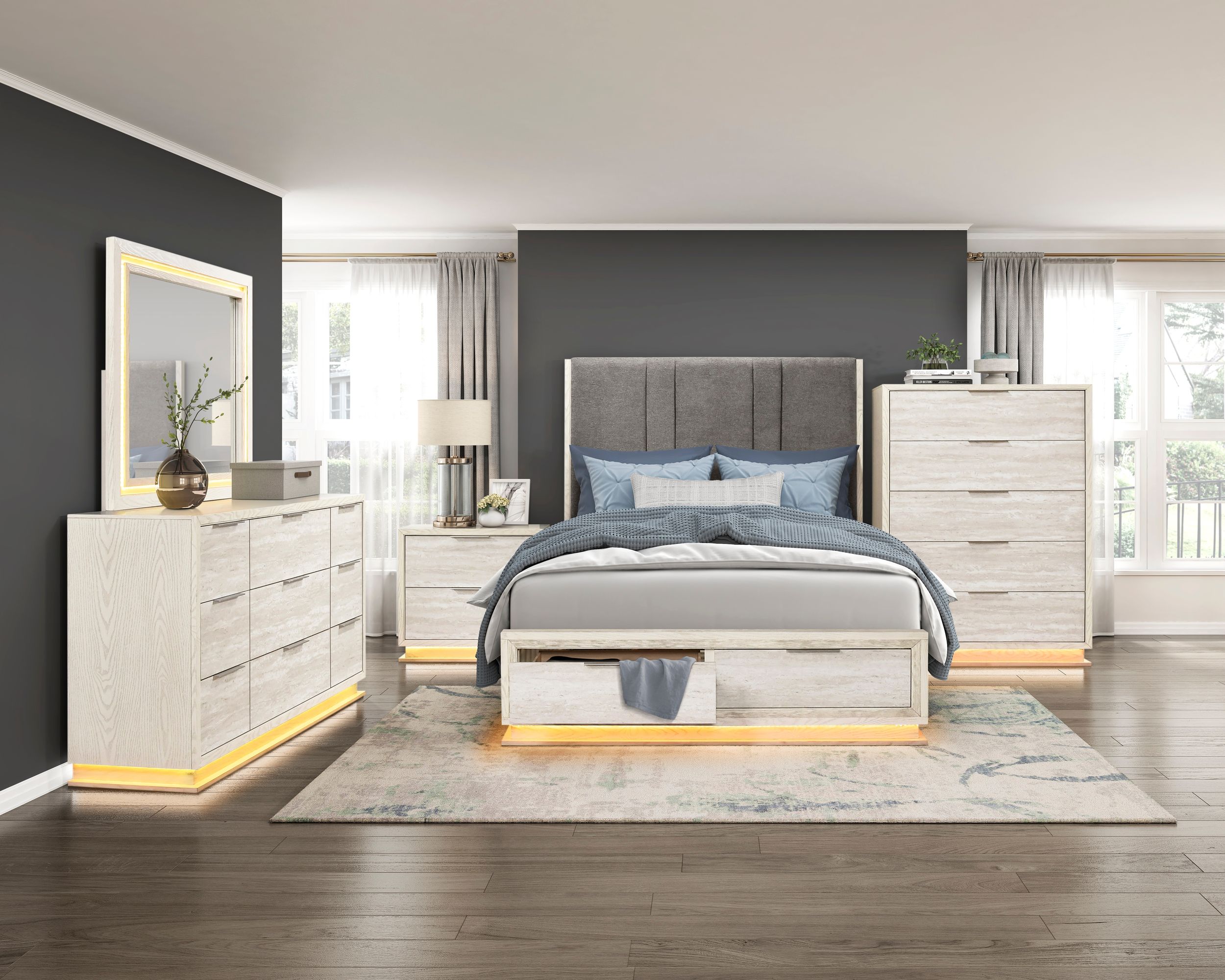 Noctis Upholstered Storage Platform Bedroom Set with LED Lighting