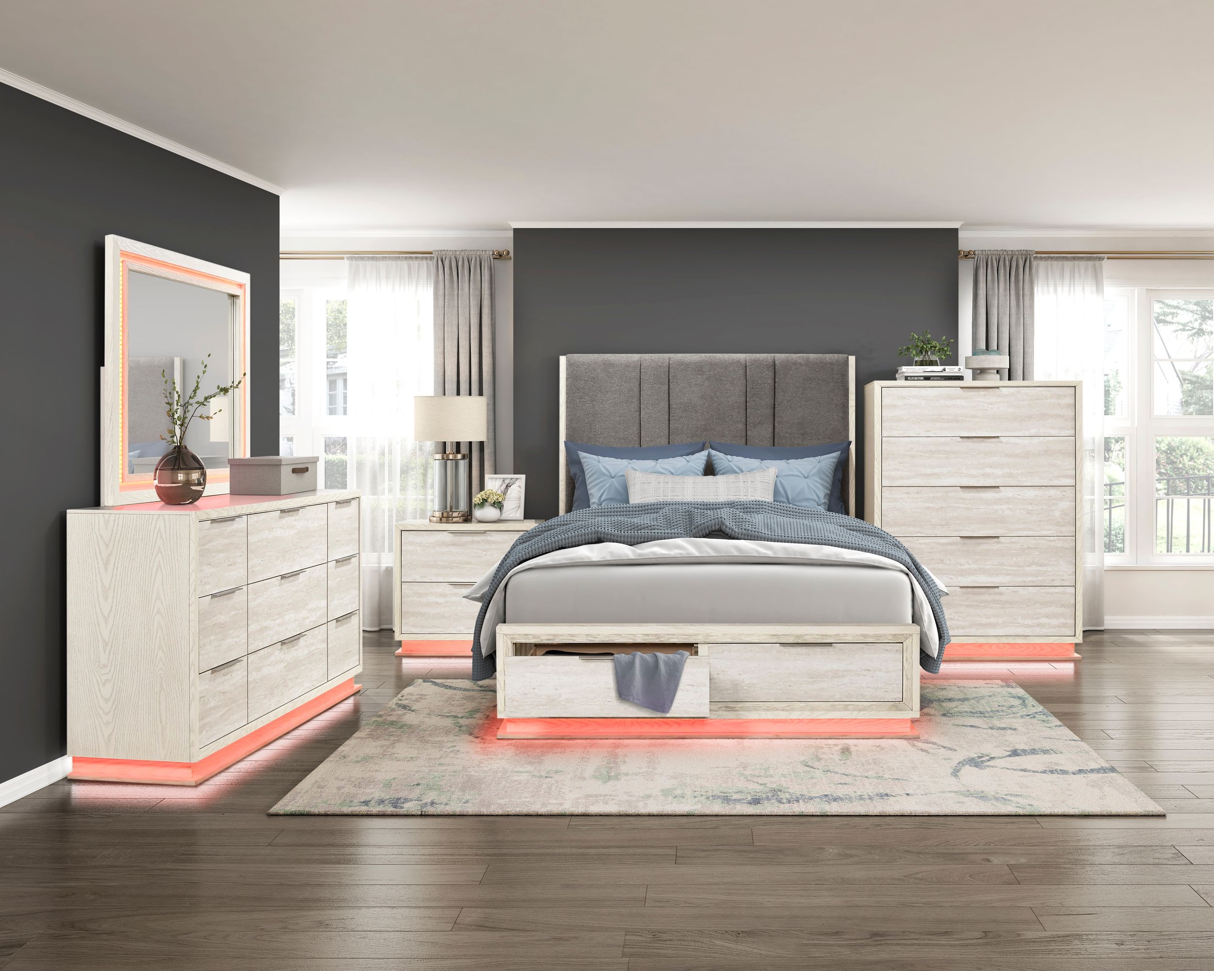 Noctis Upholstered Eastern King Storage Platform Bed with LED Lighting