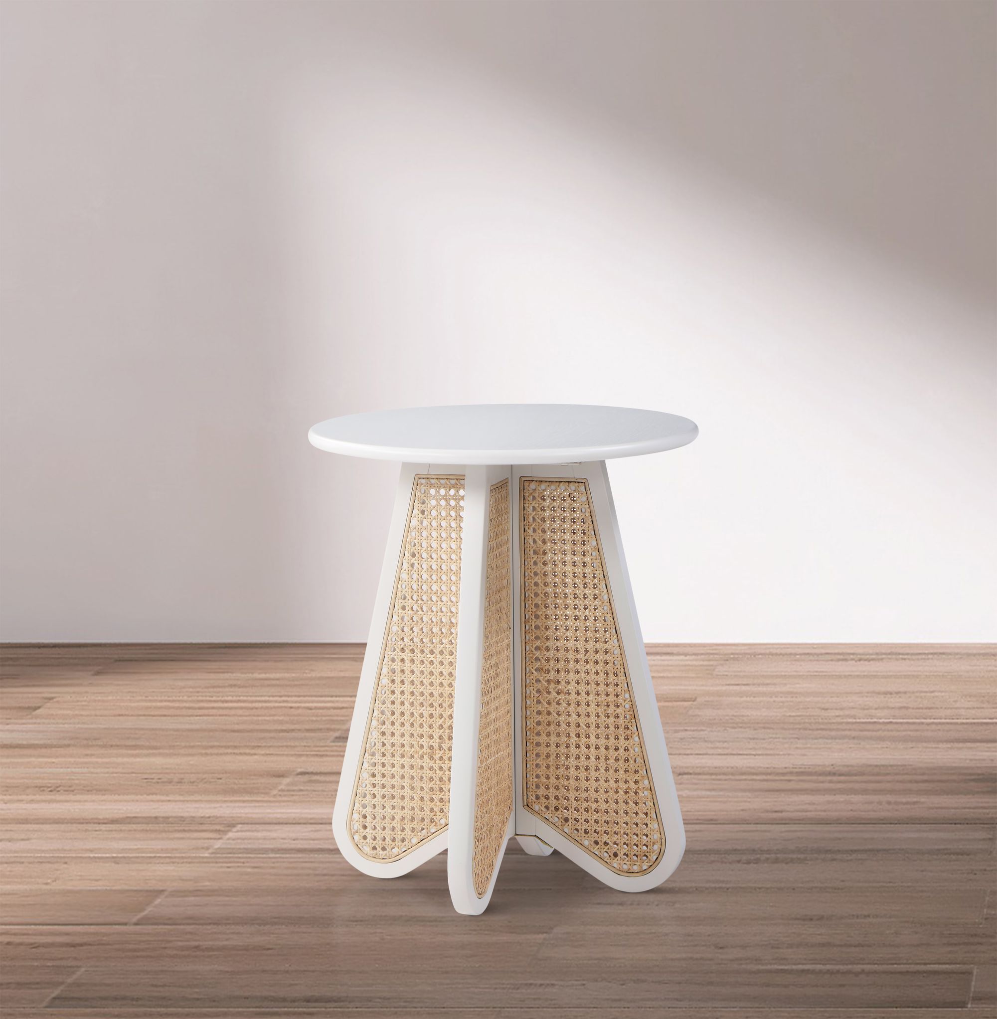 Butterfly 20" Round Wood Veneer End Table with Natural Cane Base