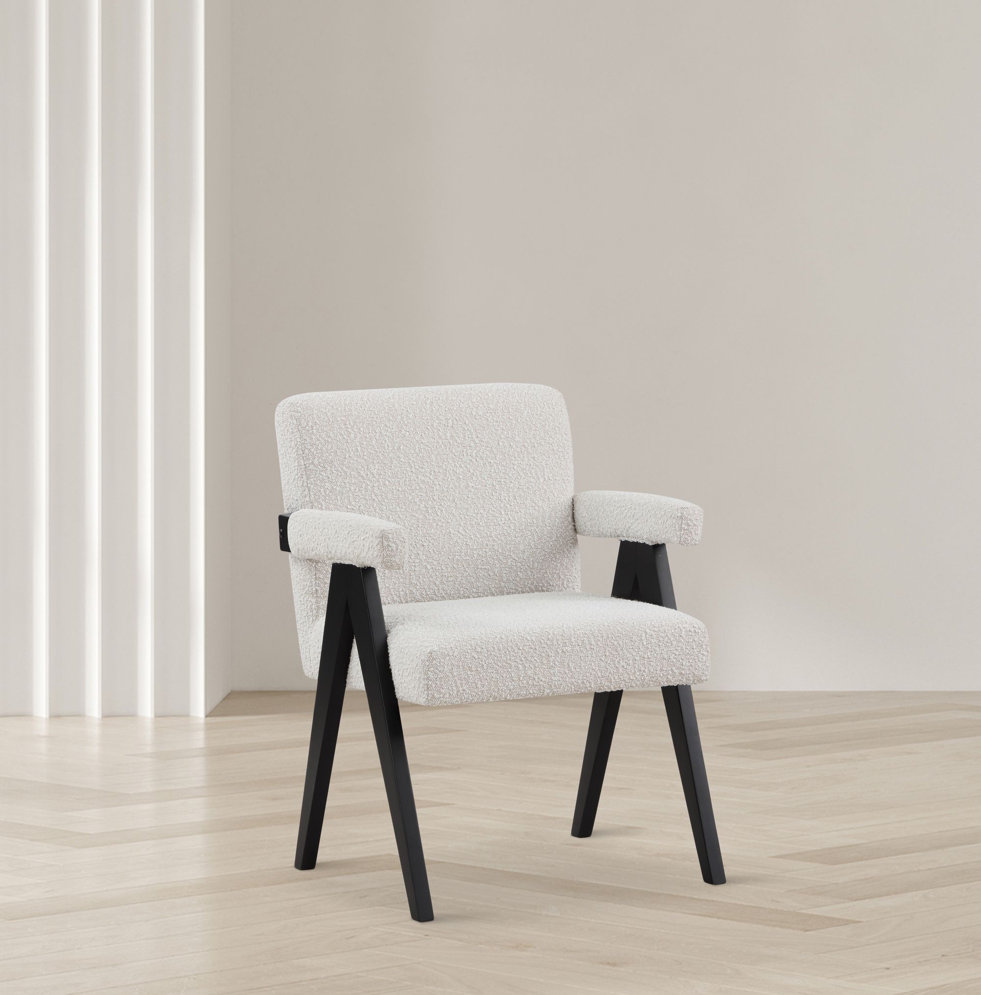 Woodloch Boucle Fabric Accent Chair with Black Finish Solid Wood Frame