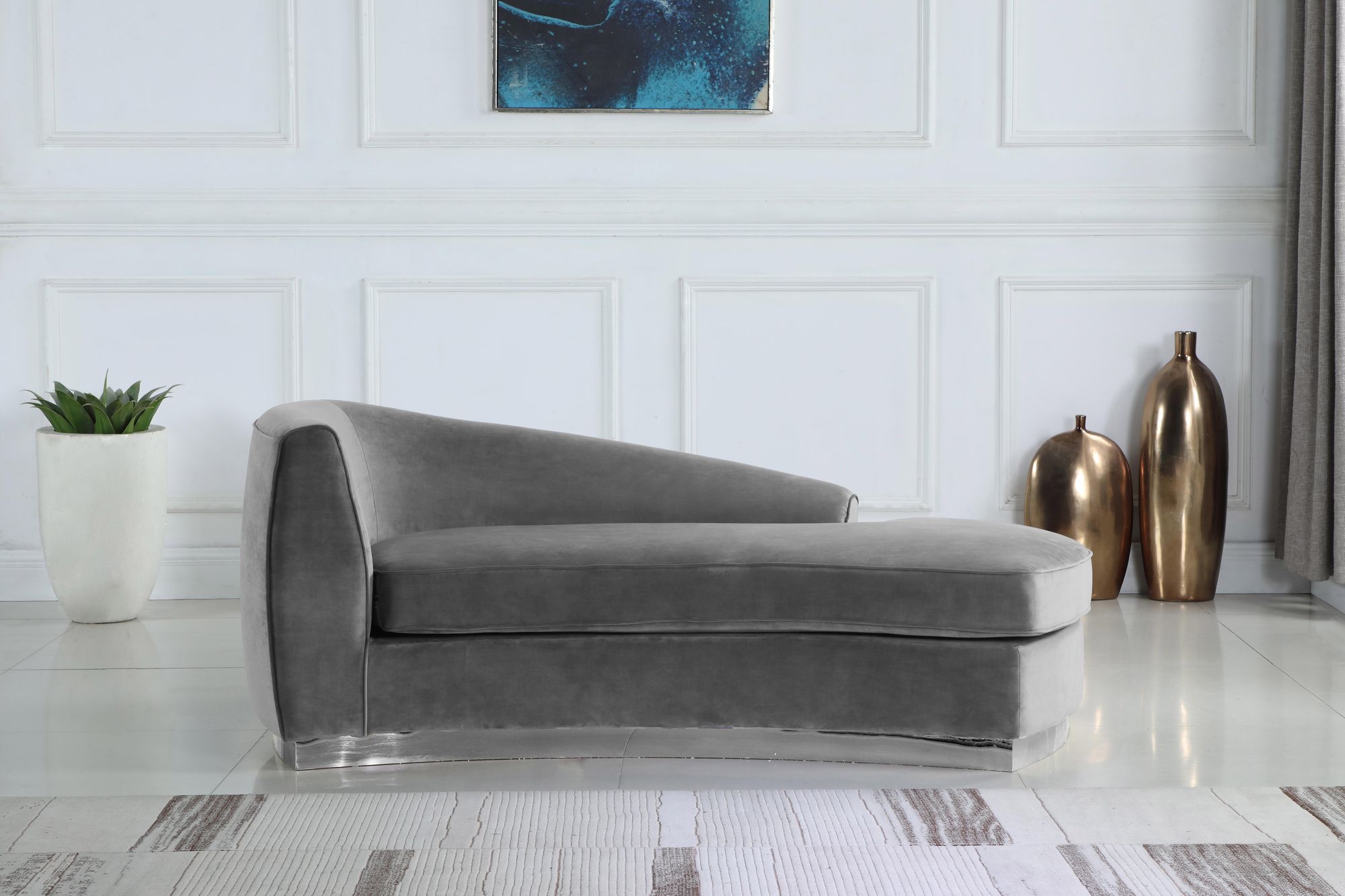 Julian Velvet Chaise Lounge with Chrome Stainless Steel Base