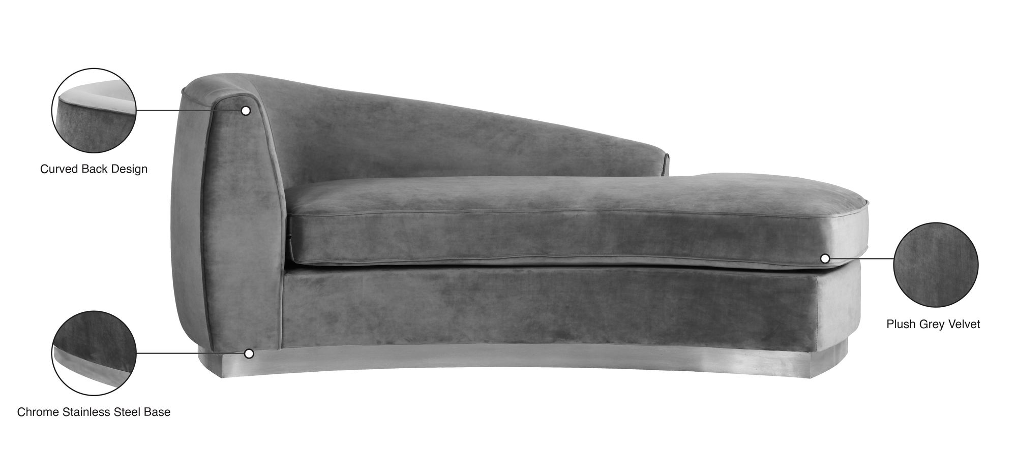 Julian Velvet Chaise Lounge with Chrome Stainless Steel Base