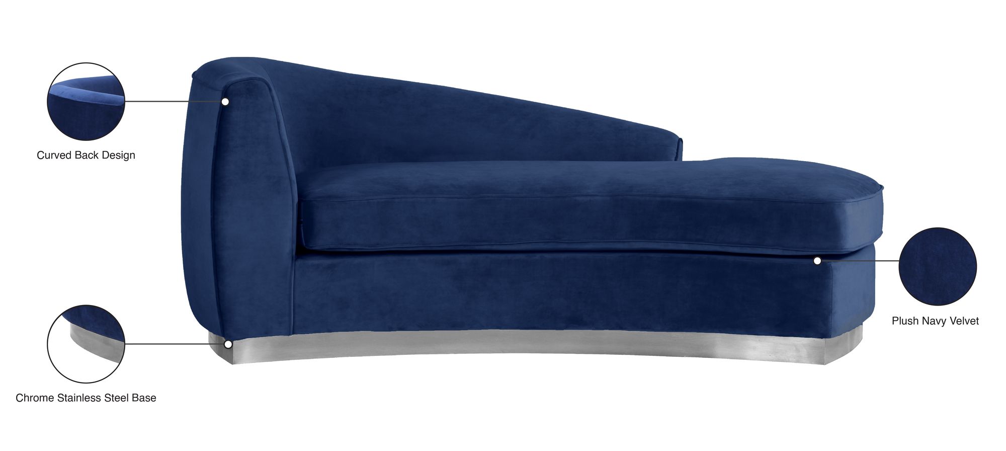 Julian Velvet Chaise Lounge with Chrome Stainless Steel Base