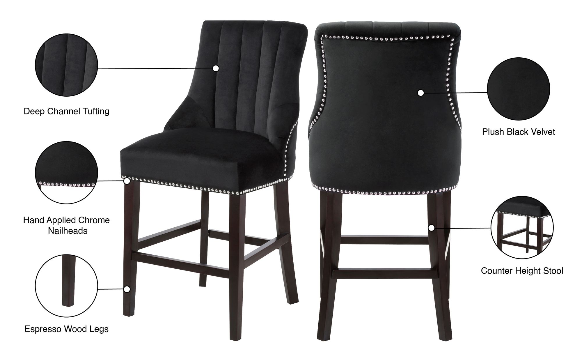 Oxford Velvet Counter Stool with Espresso Wood Legs