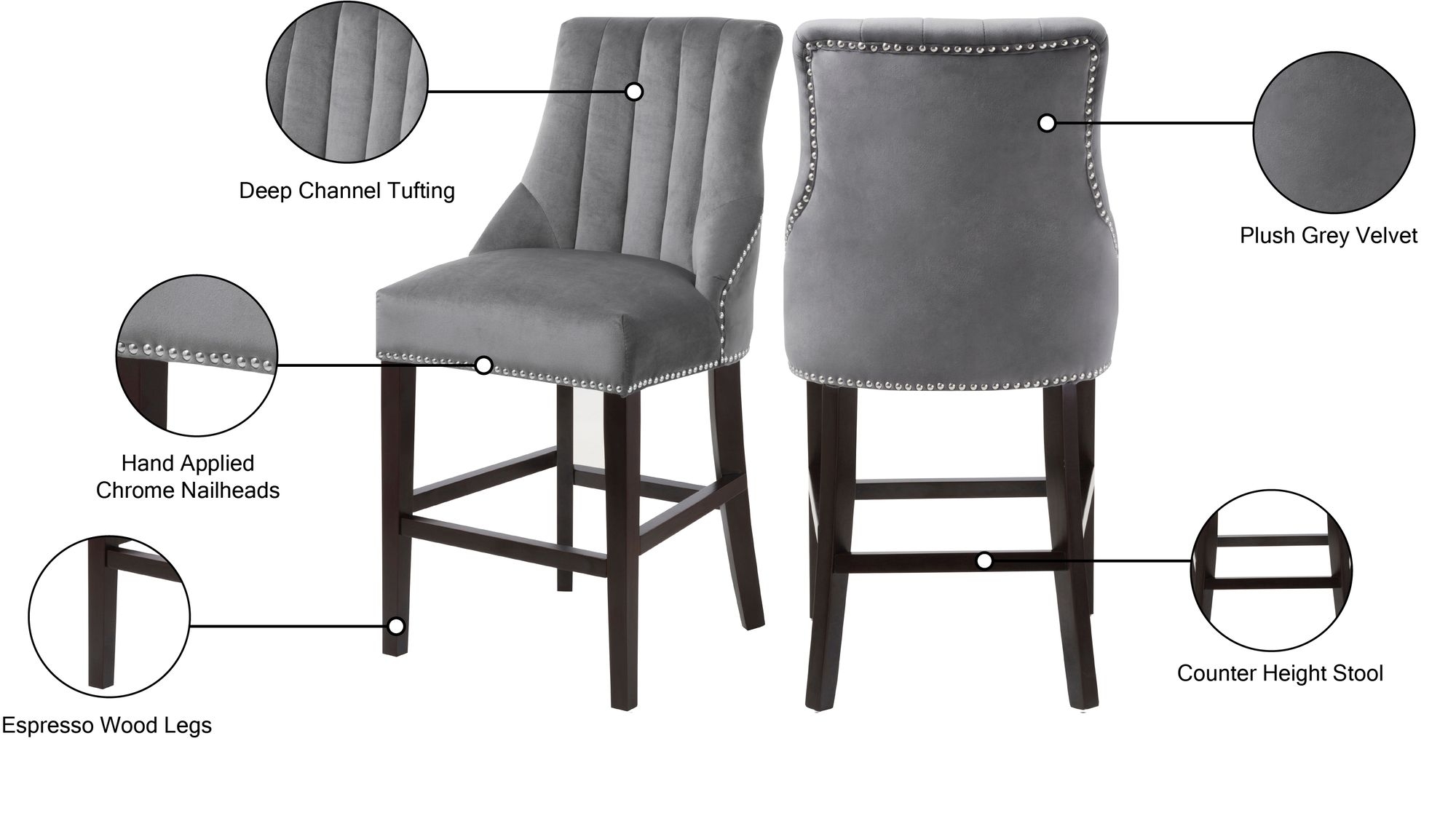 Oxford Velvet Counter Stool with Espresso Wood Legs