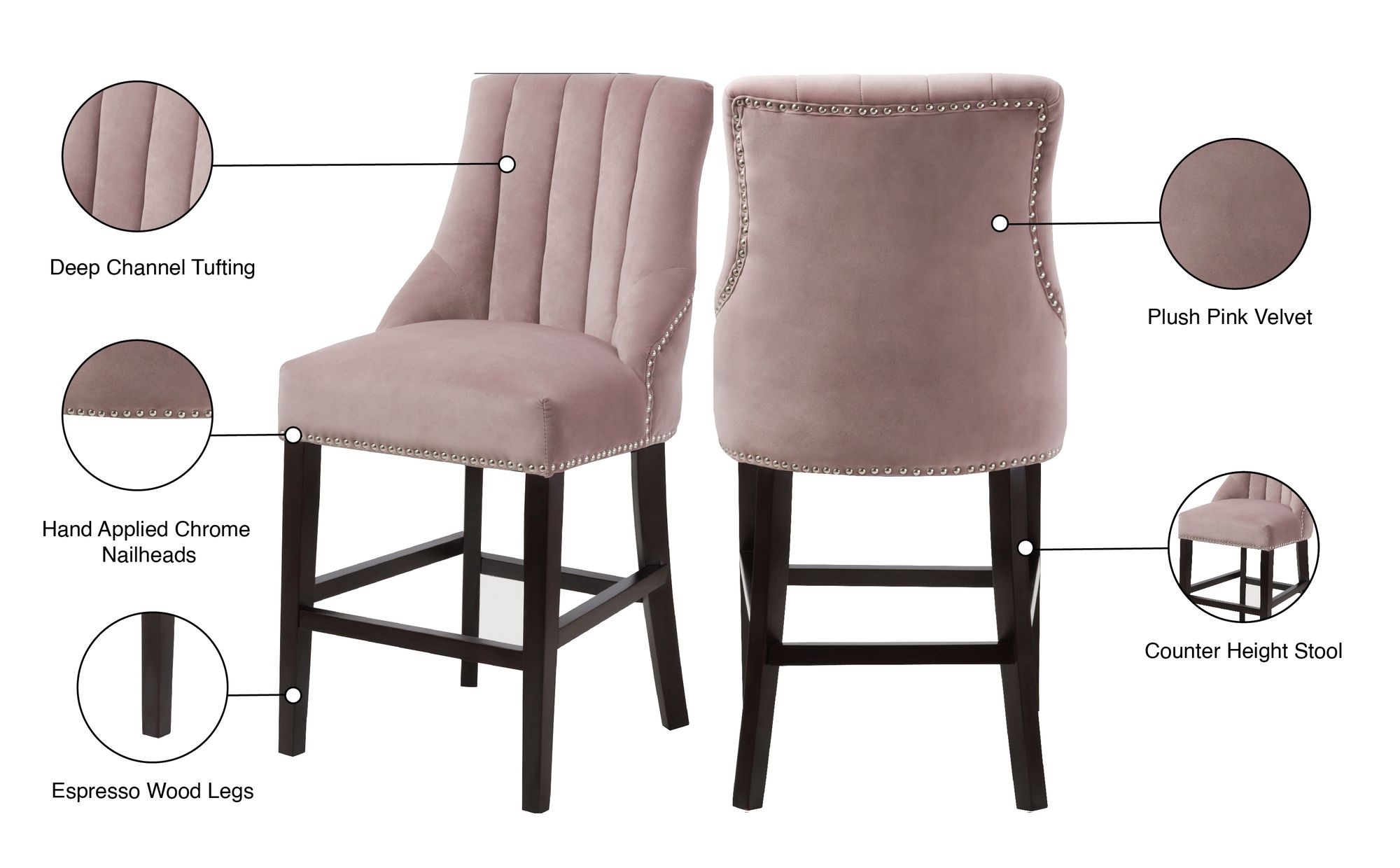 Oxford Velvet Counter Stool with Espresso Wood Legs