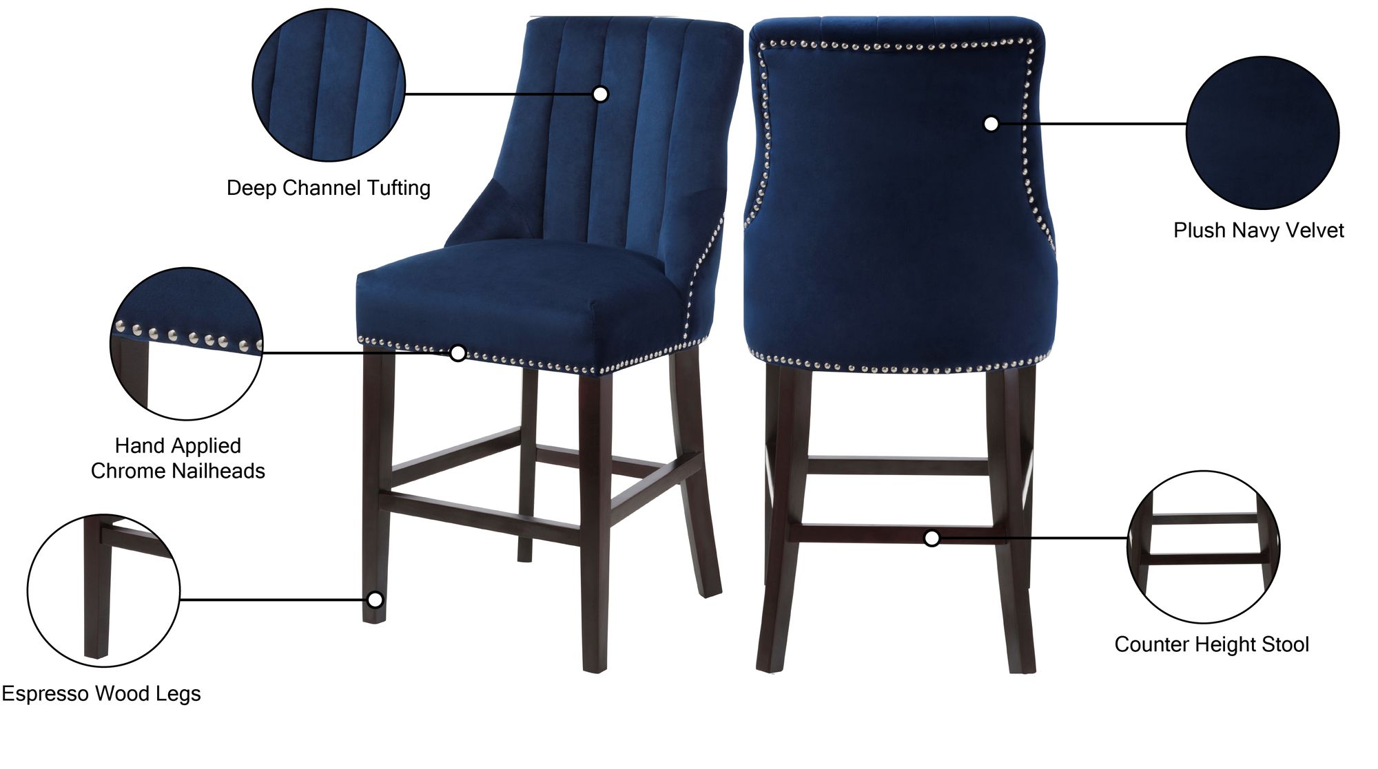 Oxford Velvet Counter Stool with Espresso Wood Legs