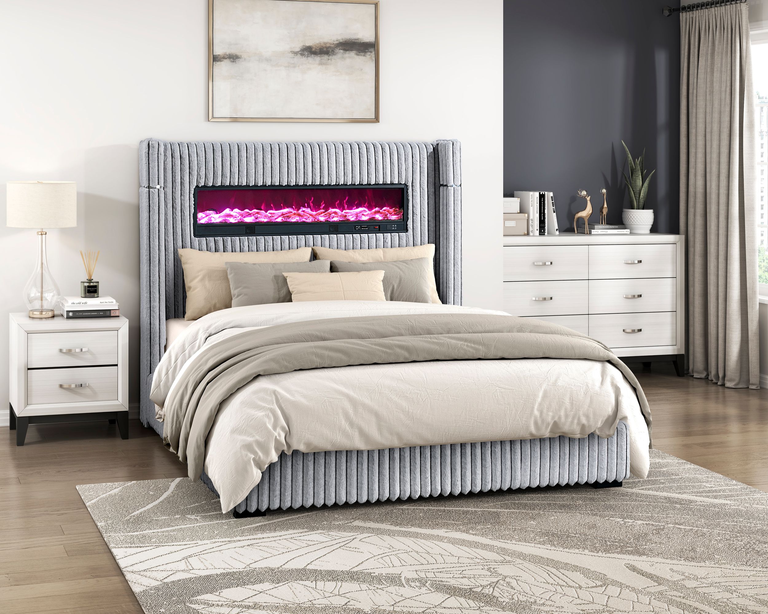 Fitzroy Corduroy California King Panel Bed with Electric Fireplace