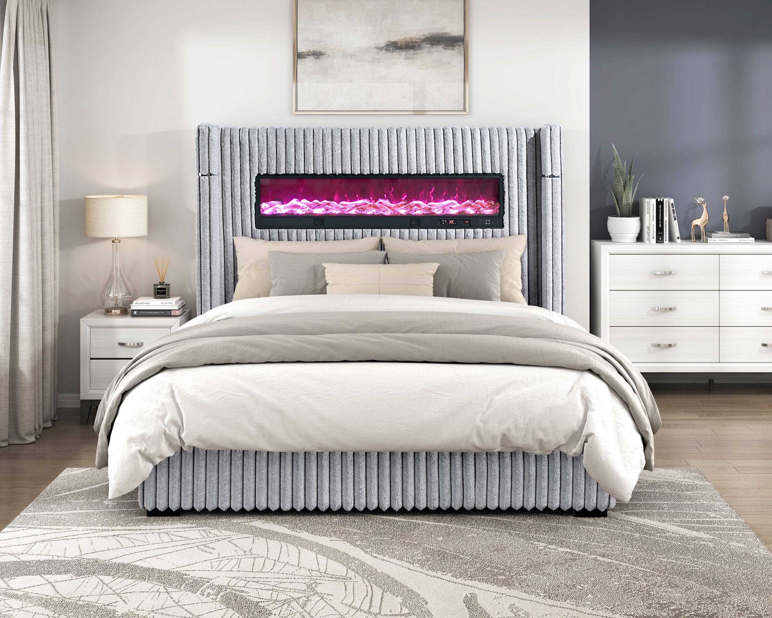 Fitzroy Corduroy California King Panel Bed with Electric Fireplace