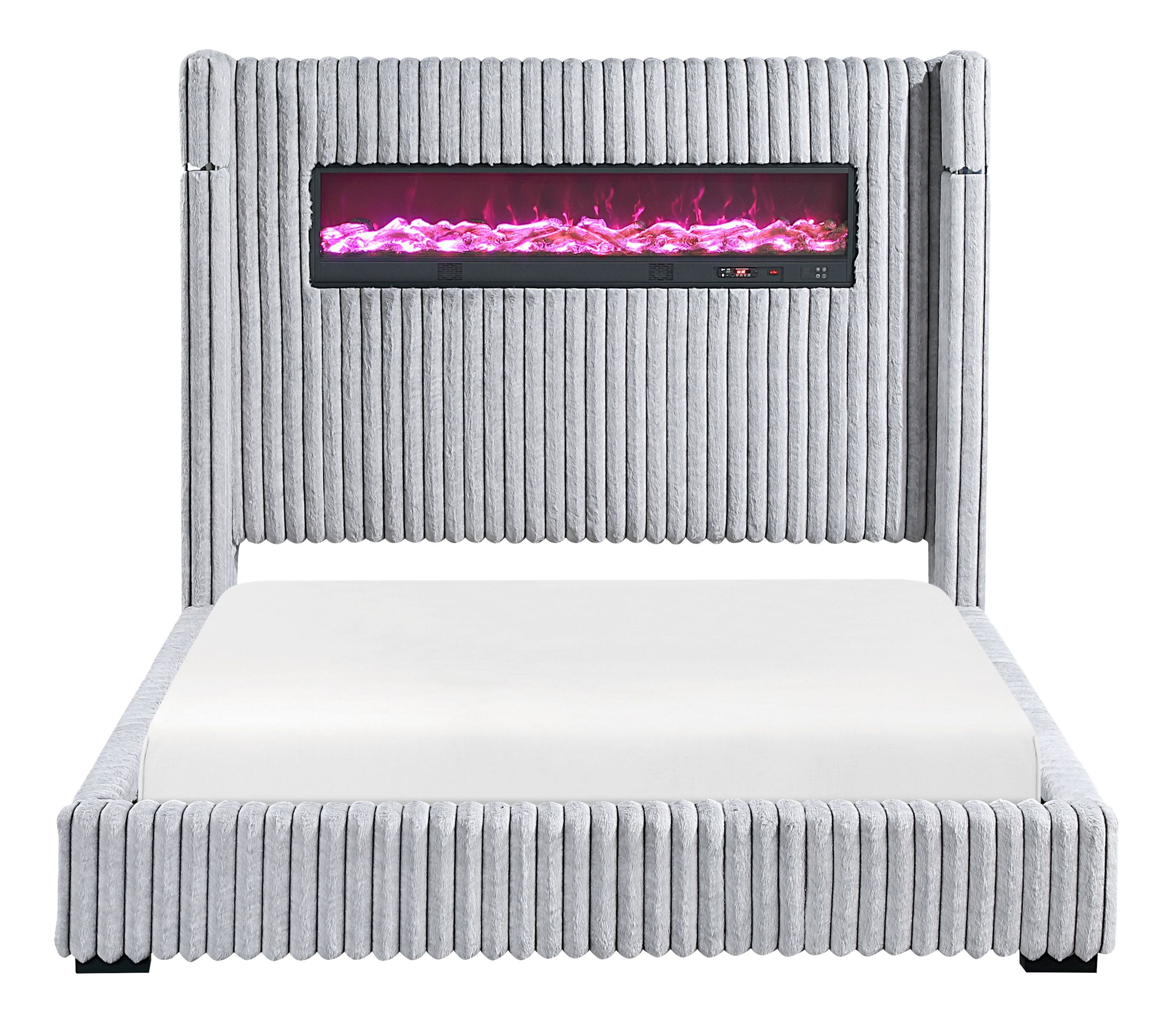 Fitzroy Corduroy Eastern King Panel Bed with Electric Fireplace