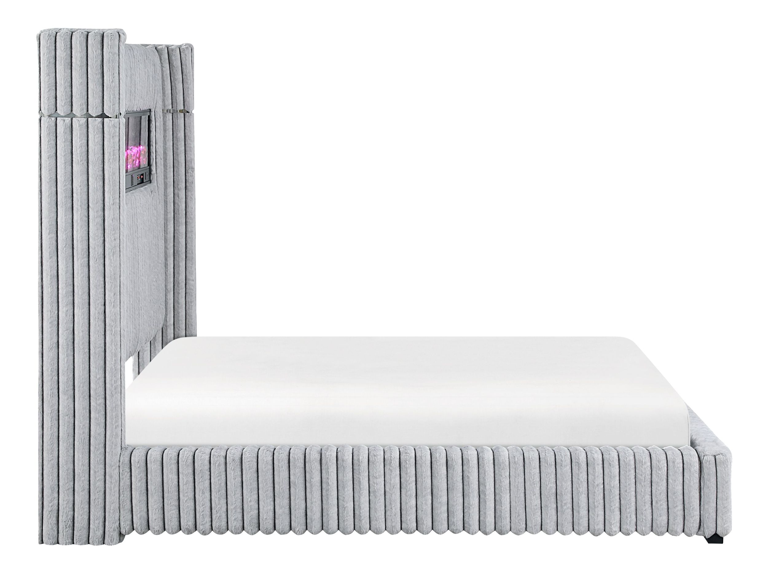 Fitzroy Corduroy Eastern King Panel Bed with Electric Fireplace