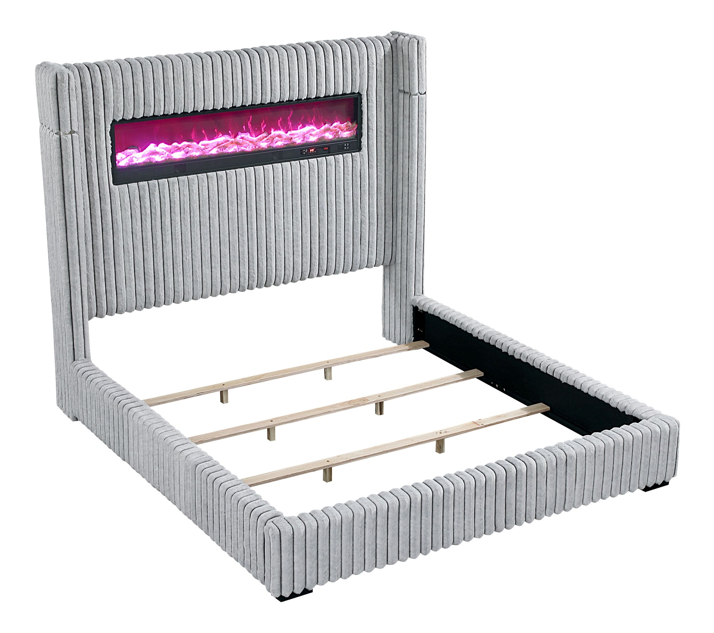 Fitzroy Corduroy Eastern King Panel Bed with Electric Fireplace