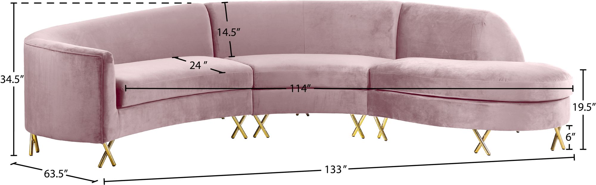 Serpentine 133" 3-Piece Velvet Sectional