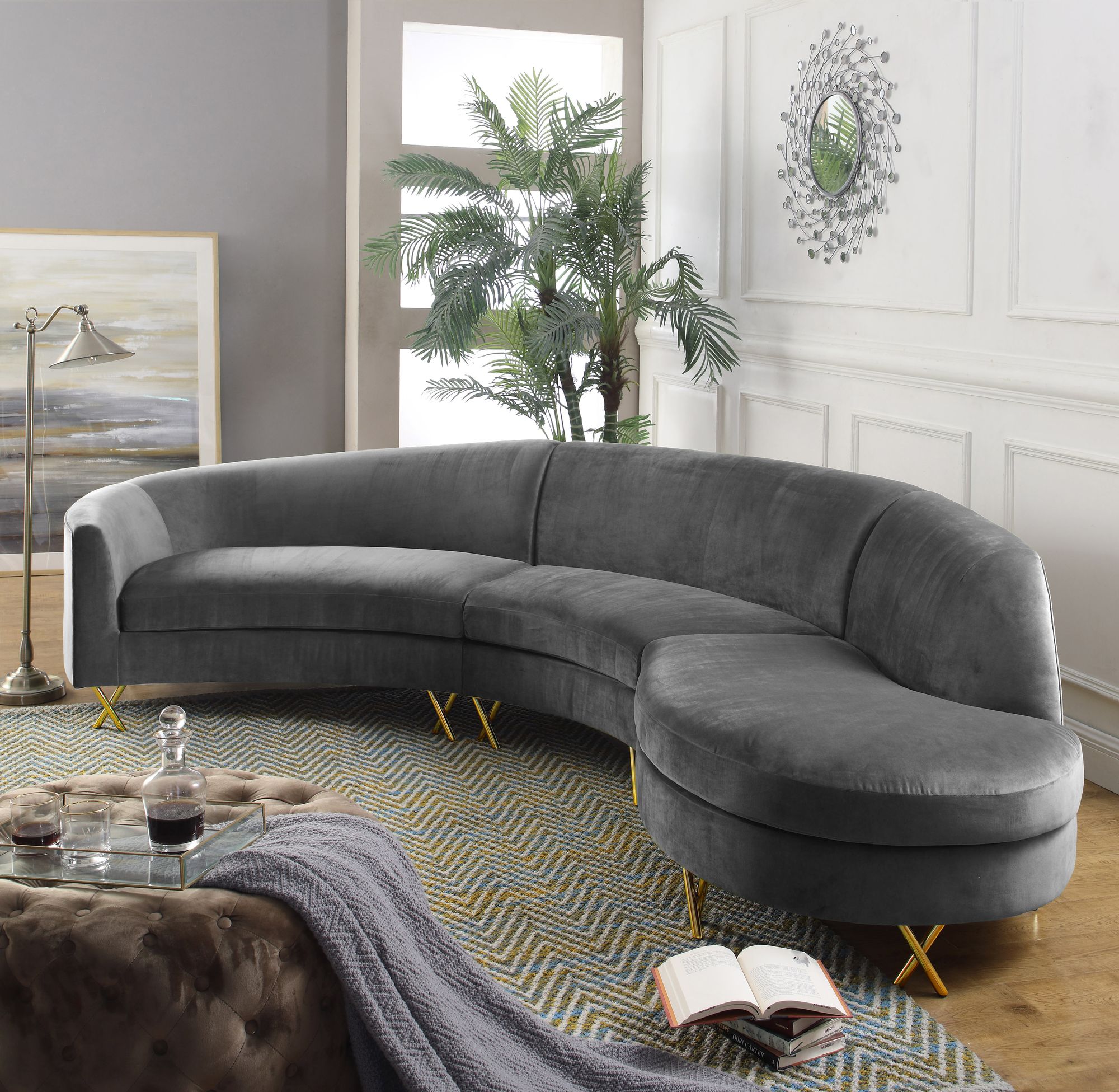Serpentine 133" 3-Piece Velvet Sectional