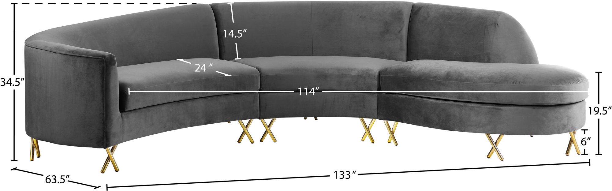 Serpentine 133" 3-Piece Velvet Sectional