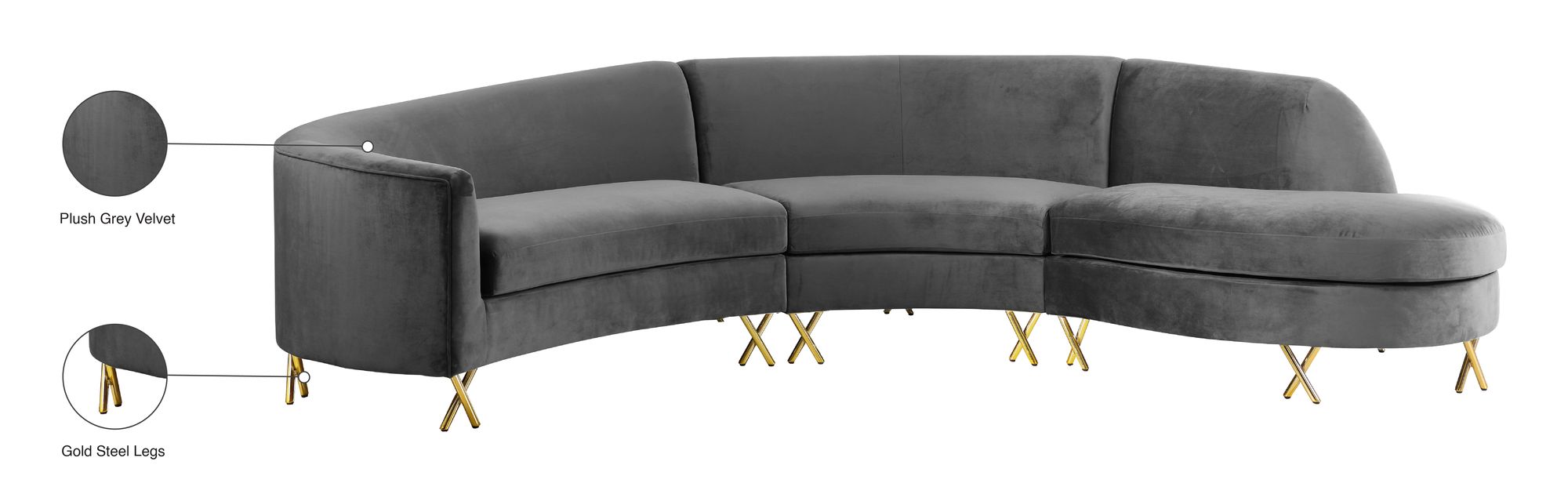 Serpentine 133" 3-Piece Velvet Sectional