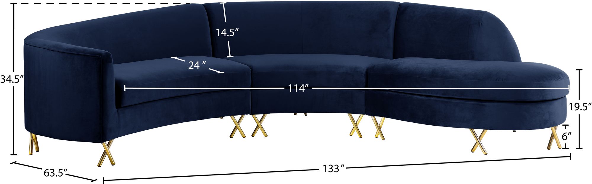 Serpentine 133" 3-Piece Velvet Sectional