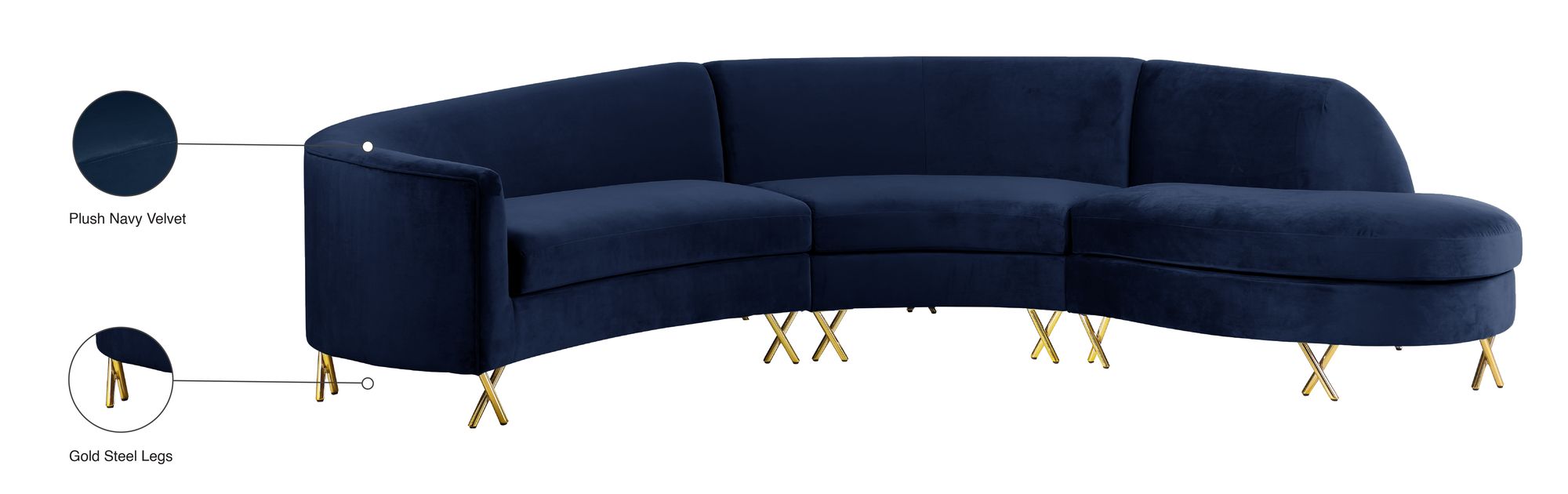 Serpentine 133" 3-Piece Velvet Sectional