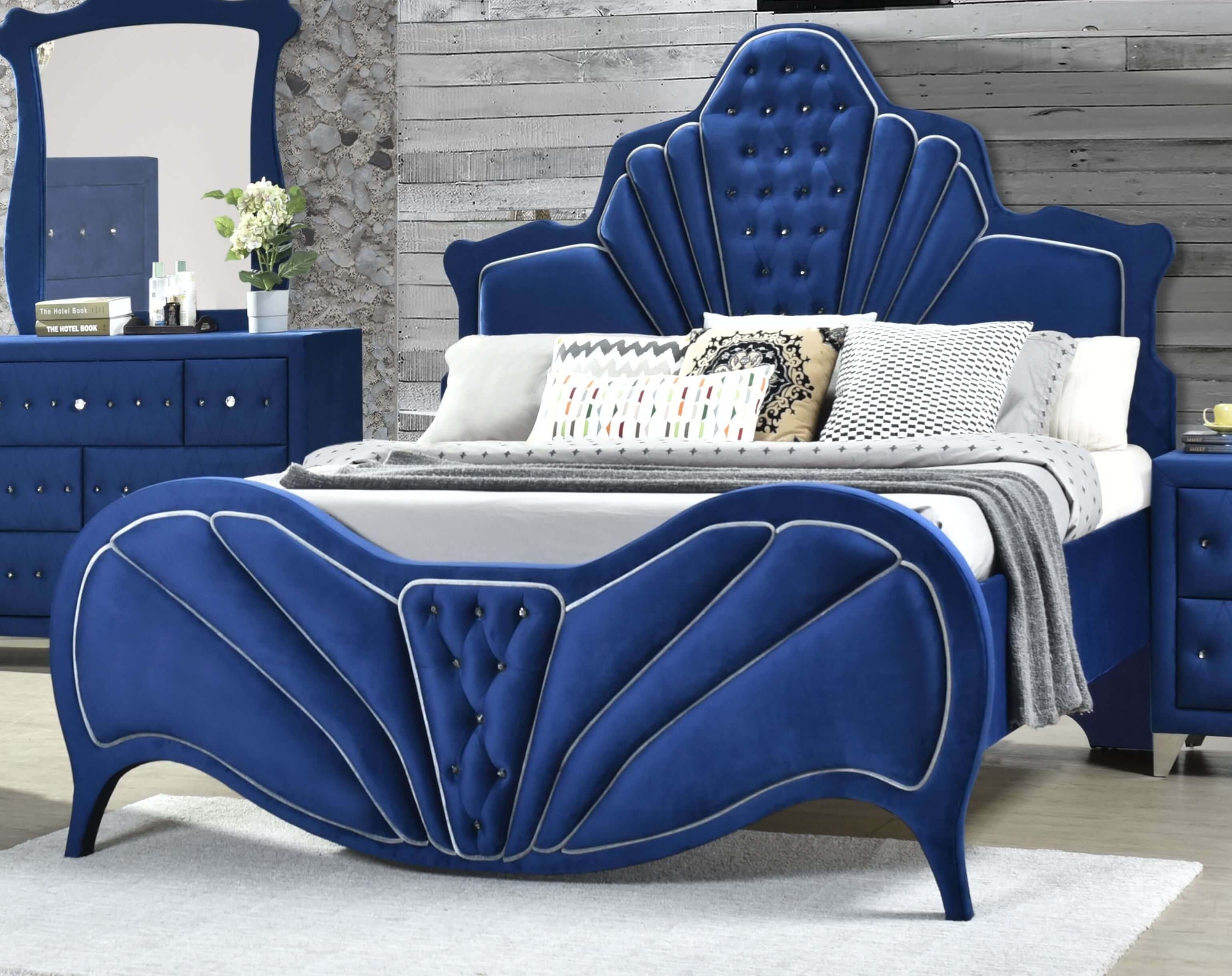 Dante Velvet/Wood Panel Bed, Queen Size