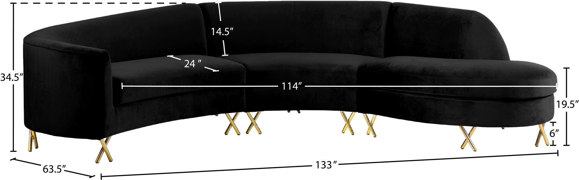 Serpentine 133" 3-Piece Velvet Sectional