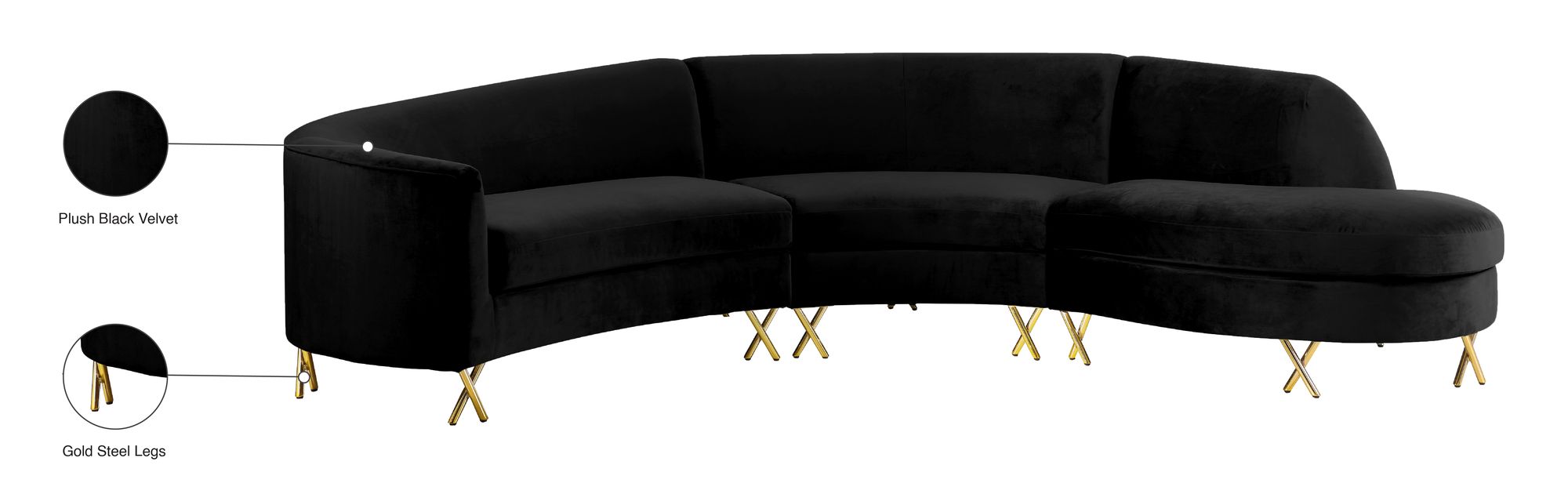 Serpentine 133" 3-Piece Velvet Sectional
