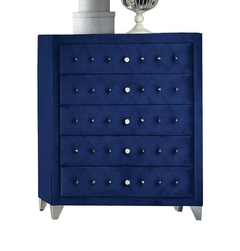Velvet Upholstered 5 Drawer Wooden Chest with Faux Crustal Knobs Blue