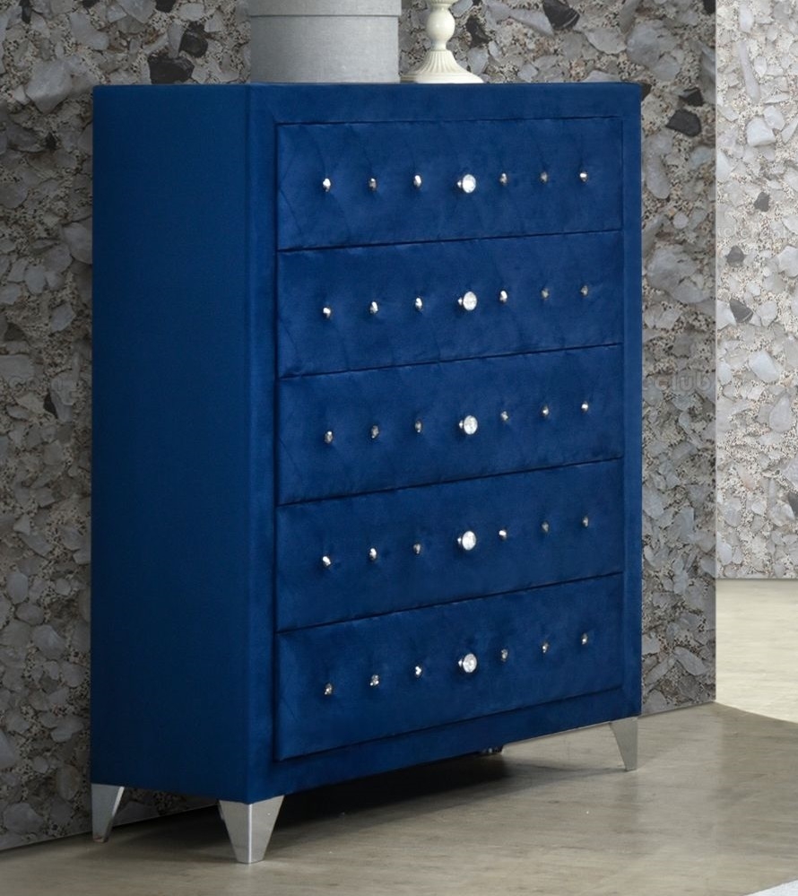 Velvet Upholstered 5 Drawer Wooden Chest with Faux Crustal Knobs Blue