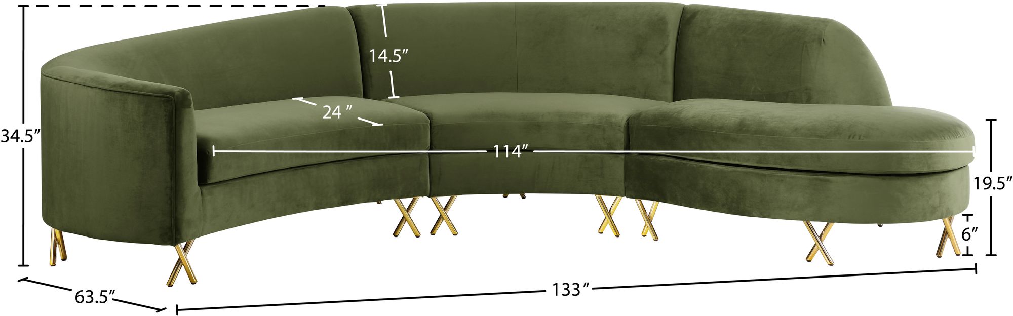 Serpentine 133" 3-Piece Velvet Sectional