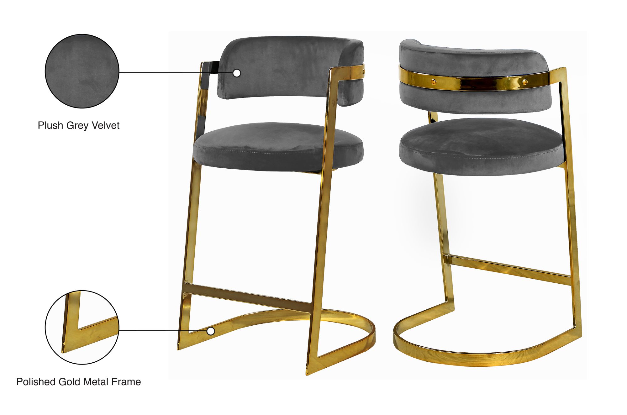 Stephanie Velvet Counter Stool with Polished Gold Metal Frame