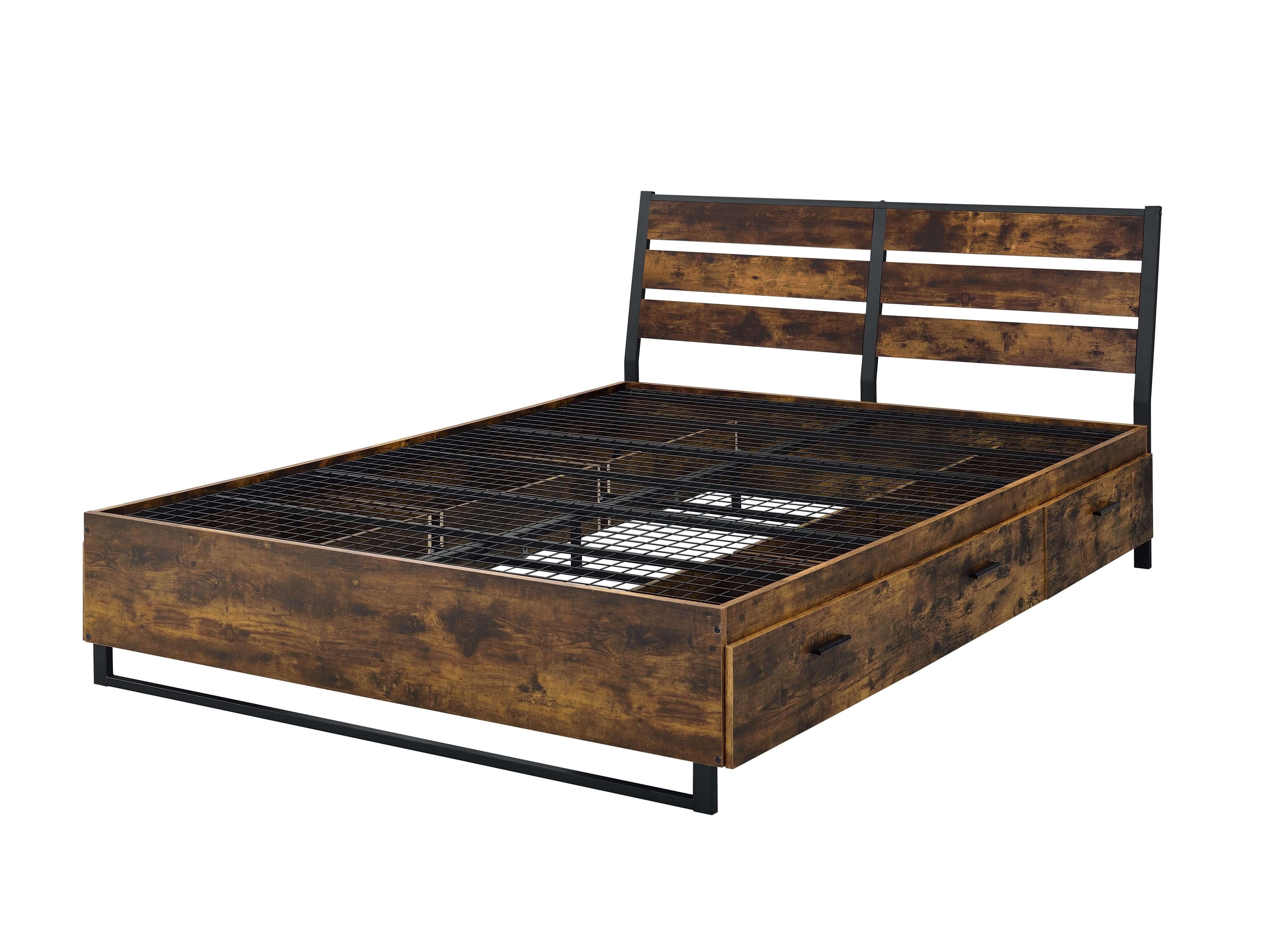 Industrial and Rustic Style Juvanth Queen Size Wood and Metal Panel Bed with 6 Storage Drawers 
