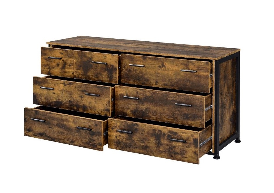 Nat 59 Inch Rustic Wood Dresser 6 Drawers Brown And Black Saltoro Sherpi - 59x18x30