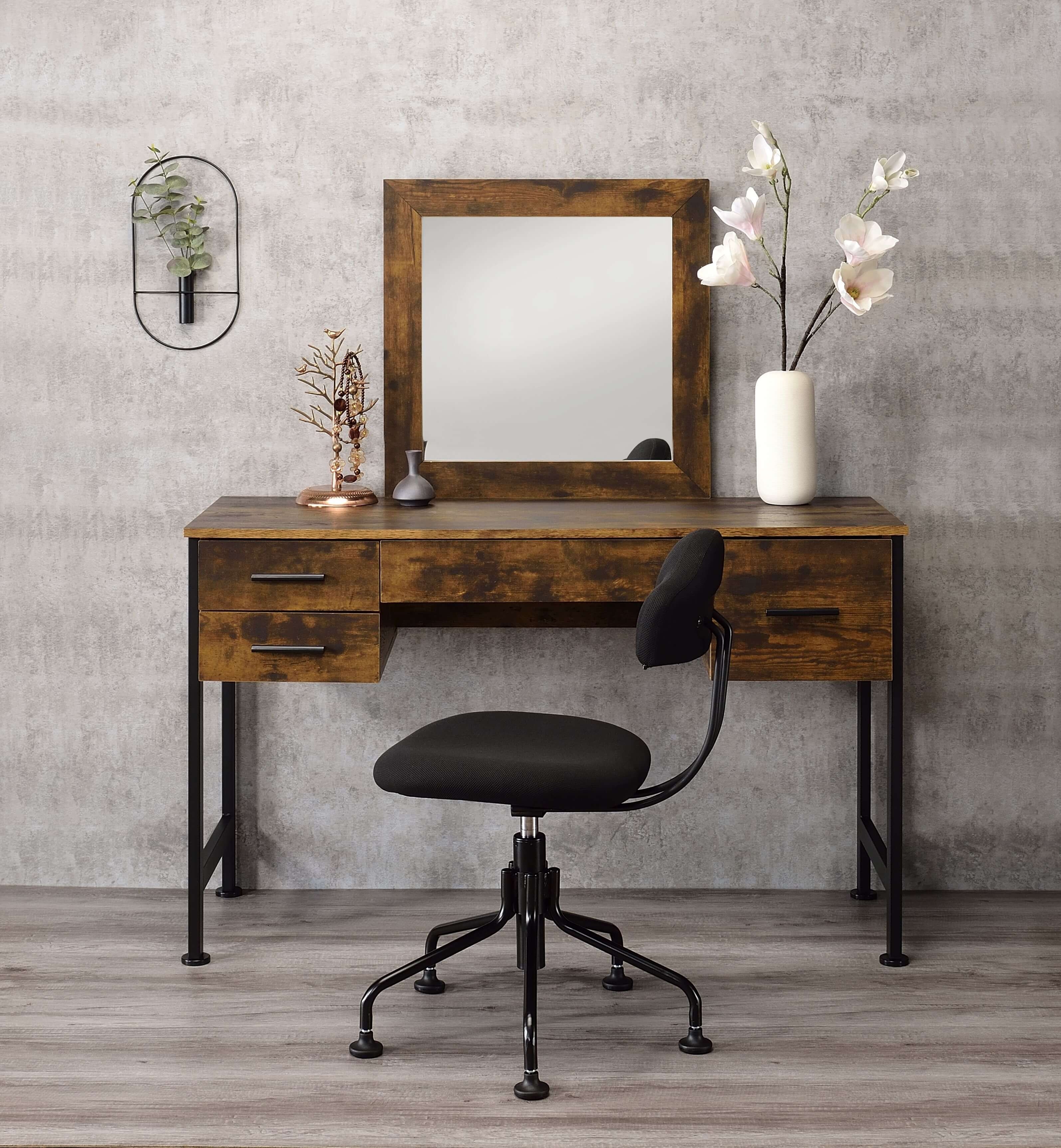 Vanity Desk & Mirror w/4 Storage Drawers in Rustic Oak & Black Finish,Contemporary Style