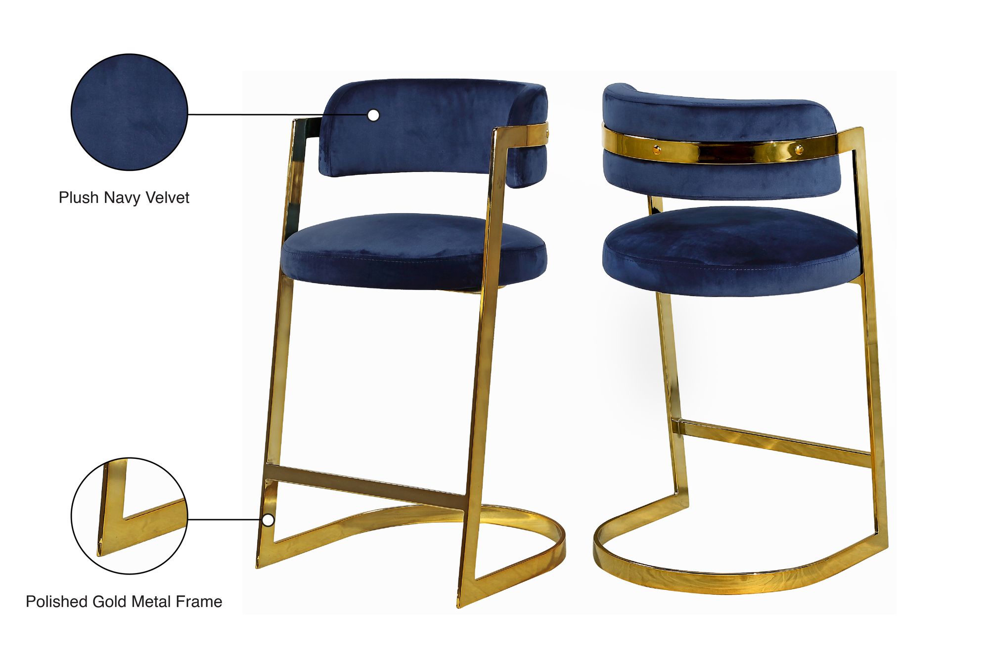 Stephanie Velvet Counter Stool with Polished Gold Metal Frame