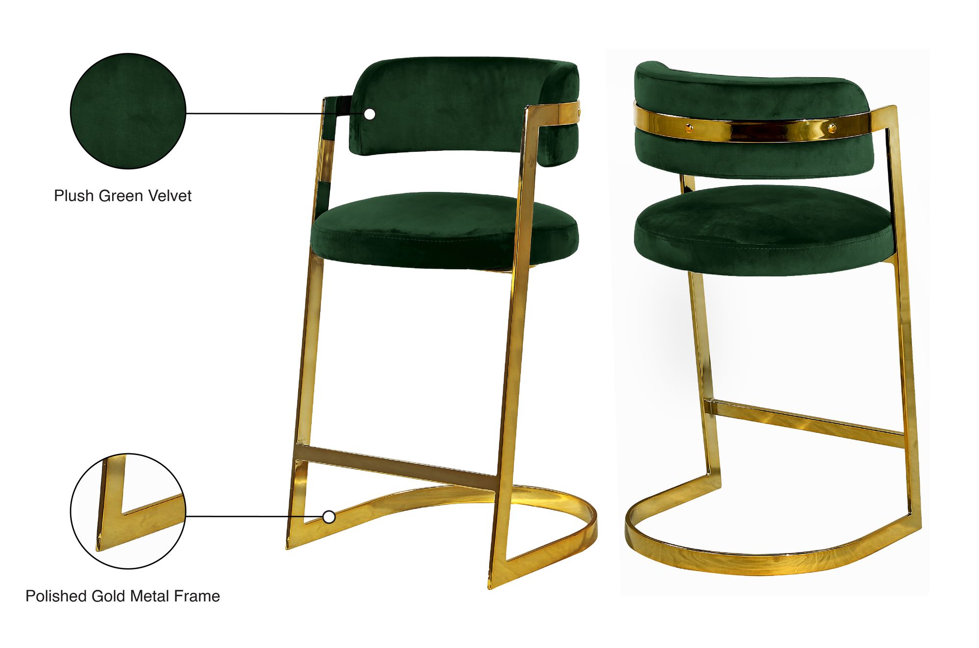 Stephanie Velvet Counter Stool with Polished Gold Metal Frame