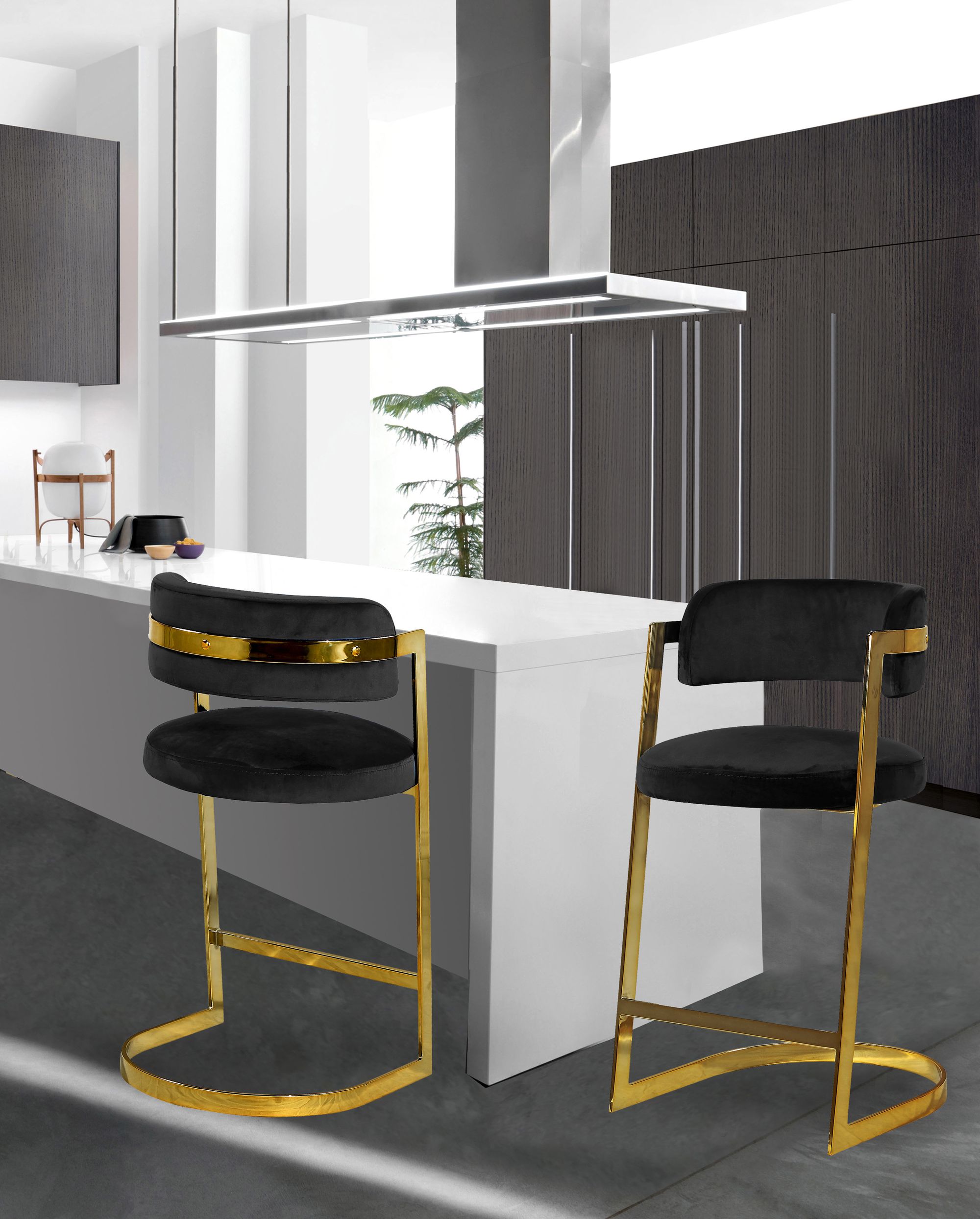 Stephanie Velvet Counter Stool with Polished Gold Metal Frame