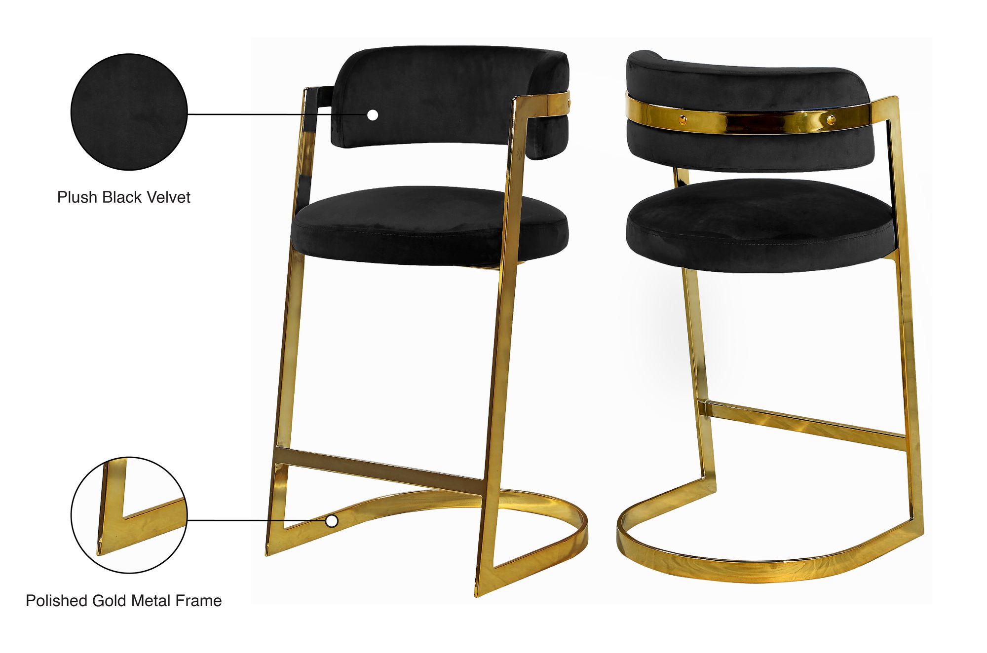 Stephanie Velvet Counter Stool with Polished Gold Metal Frame