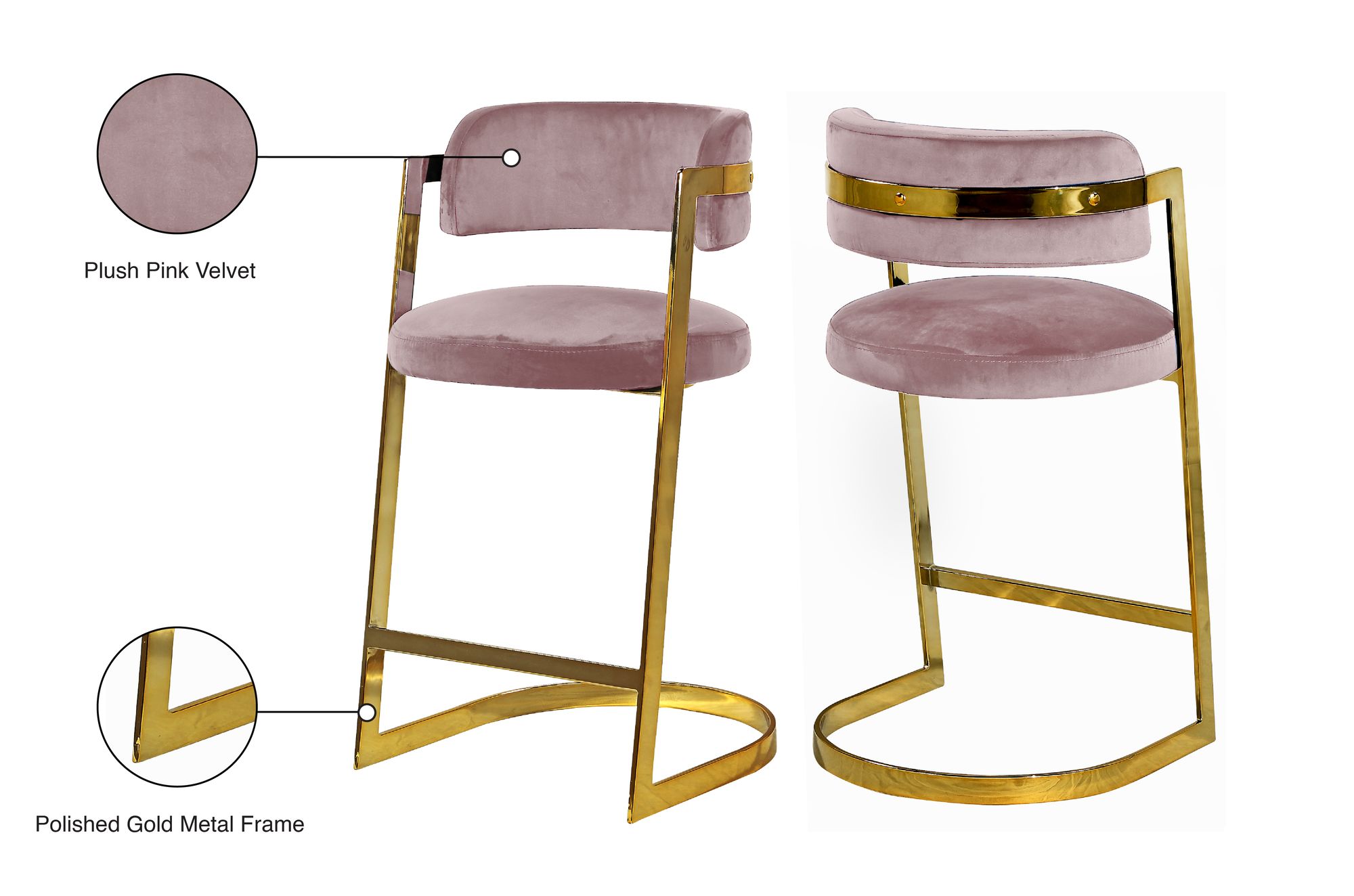 Stephanie Velvet Counter Stool with Polished Gold Metal Frame
