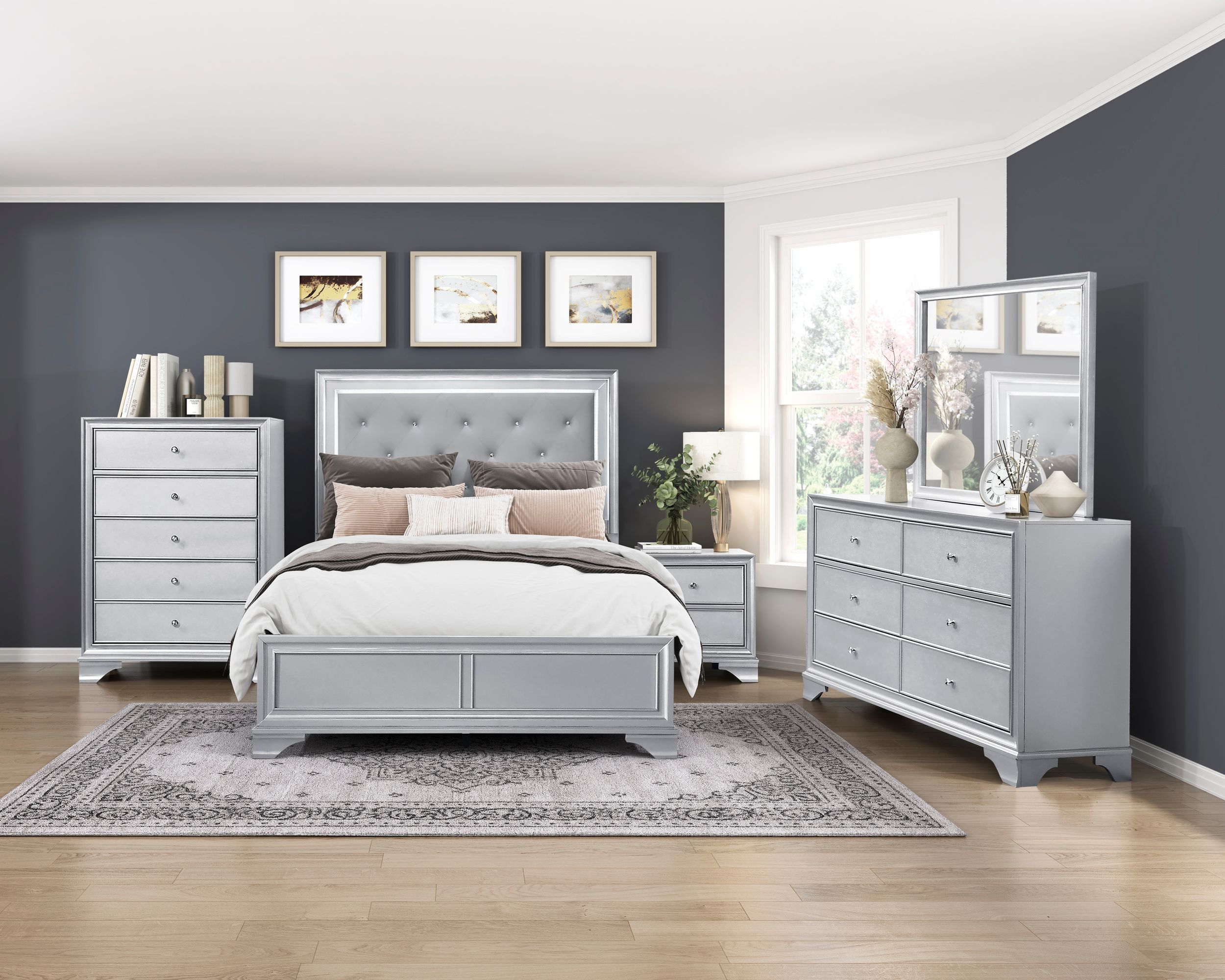 Anatole Fabric/Wood Eastern King Panel Bed with LED Lighting